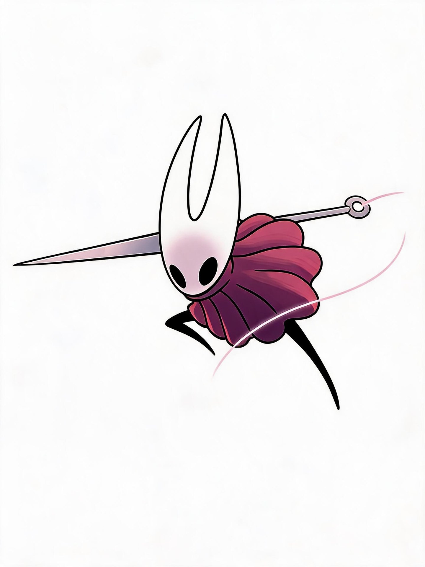 Hornet in a burgundy cloak with a long white head, thin black limbs, a straight needle and pink thread