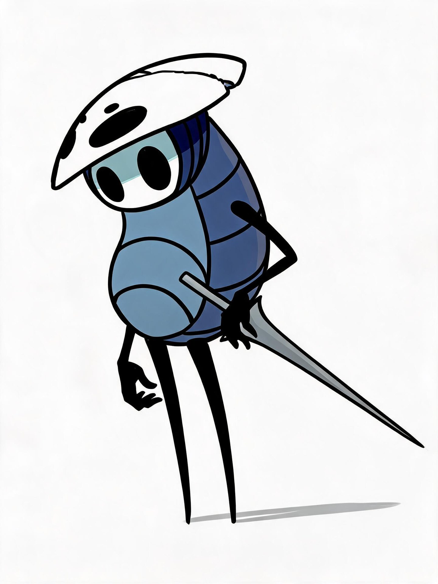 Quirrel wearing a broad white mask on his head, with a blue segmented body and a pointed nail