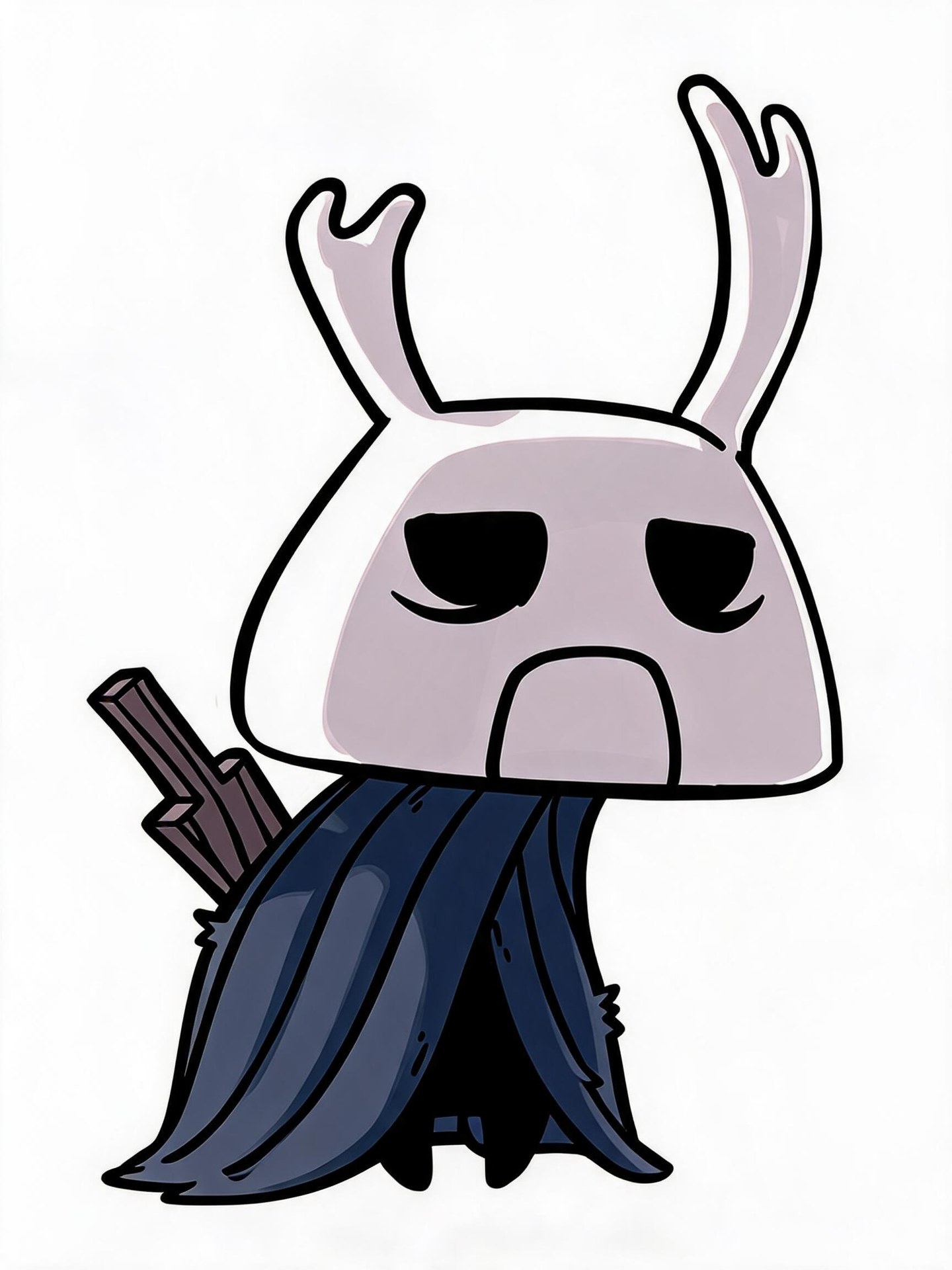 Zote the Mighty with uneven forked horns, drooping black eyes, a downturned mouth and a deeply folded navy cloak