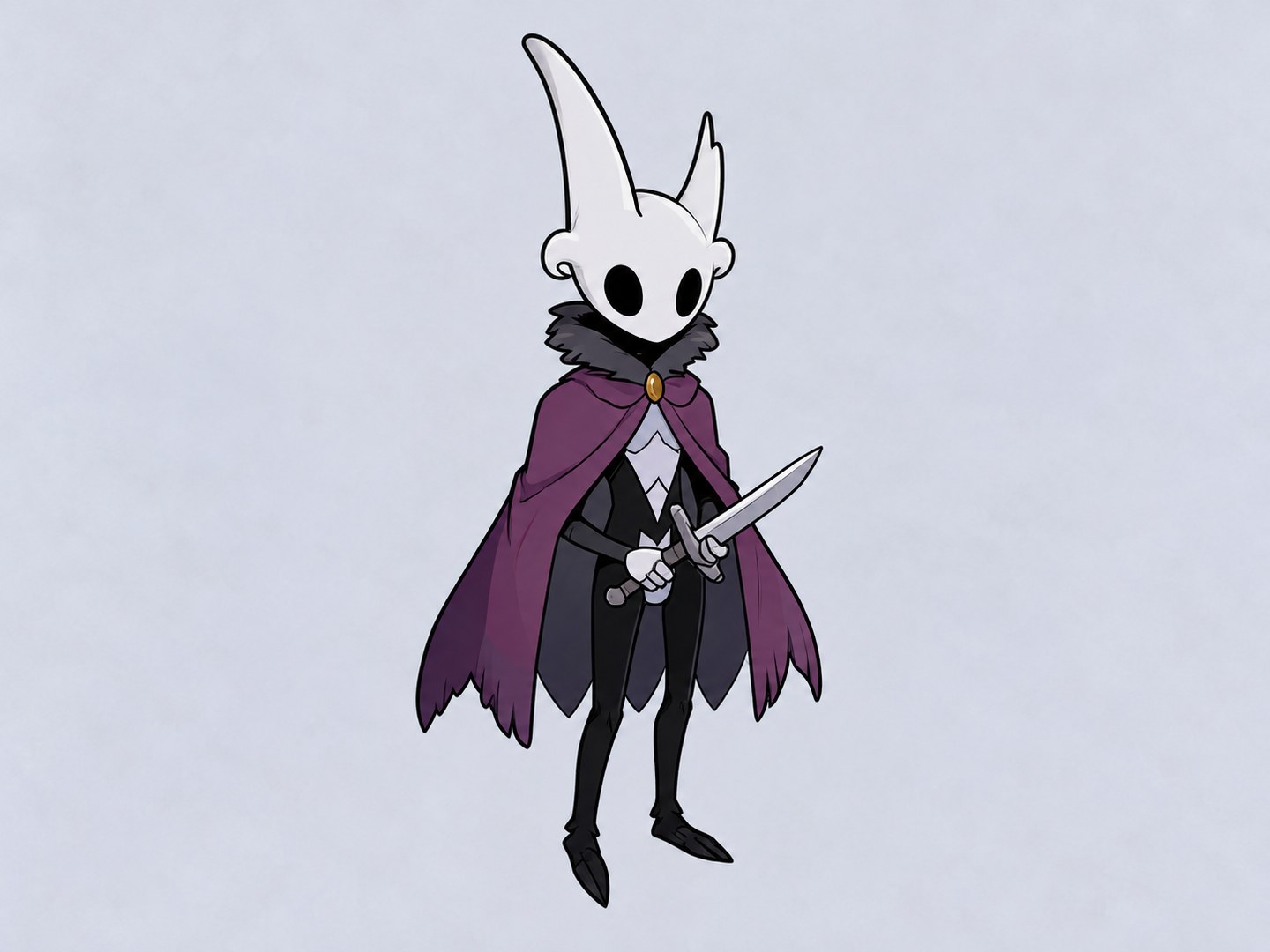Pale horned original character in a purple cloak holding a sword against a pale gray-lavender background