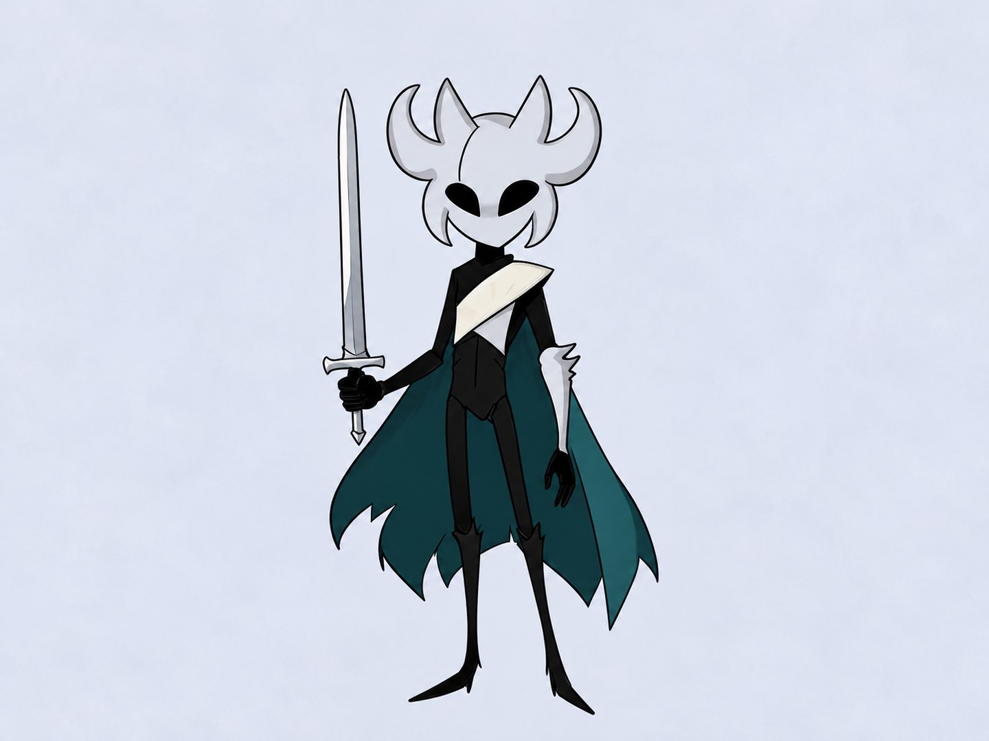 Pale crowned original character with a teal cloak, diagonal chest plate and upright sword against a light lavender-gray background