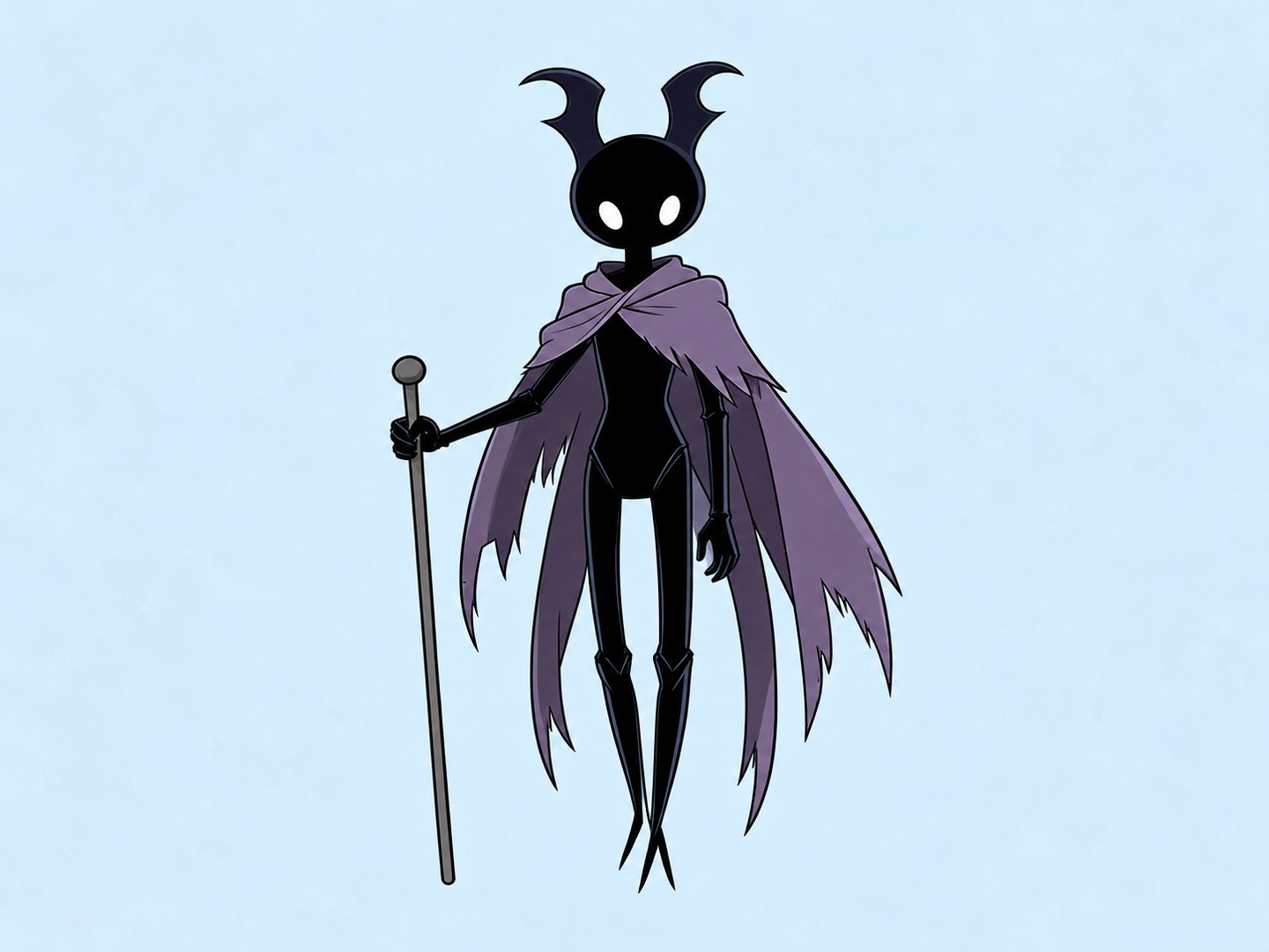Dark original character with pale eyes, a torn purple cloak and a staff against a pale blue background