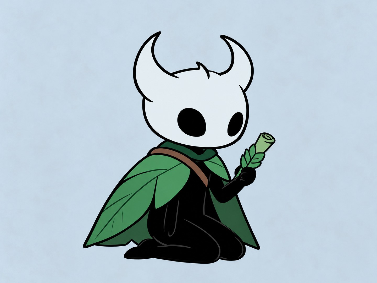Small pale-horned original character kneeling in a green leaf cloak and holding a rolled leaf against a blue-gray background