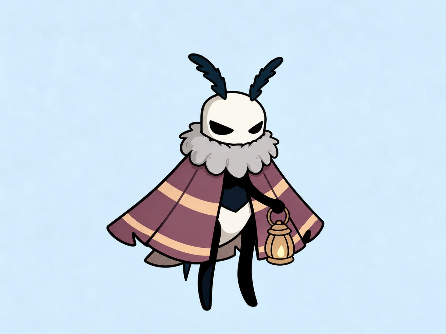 Moth-inspired original character in a mauve cape holding a glowing lantern