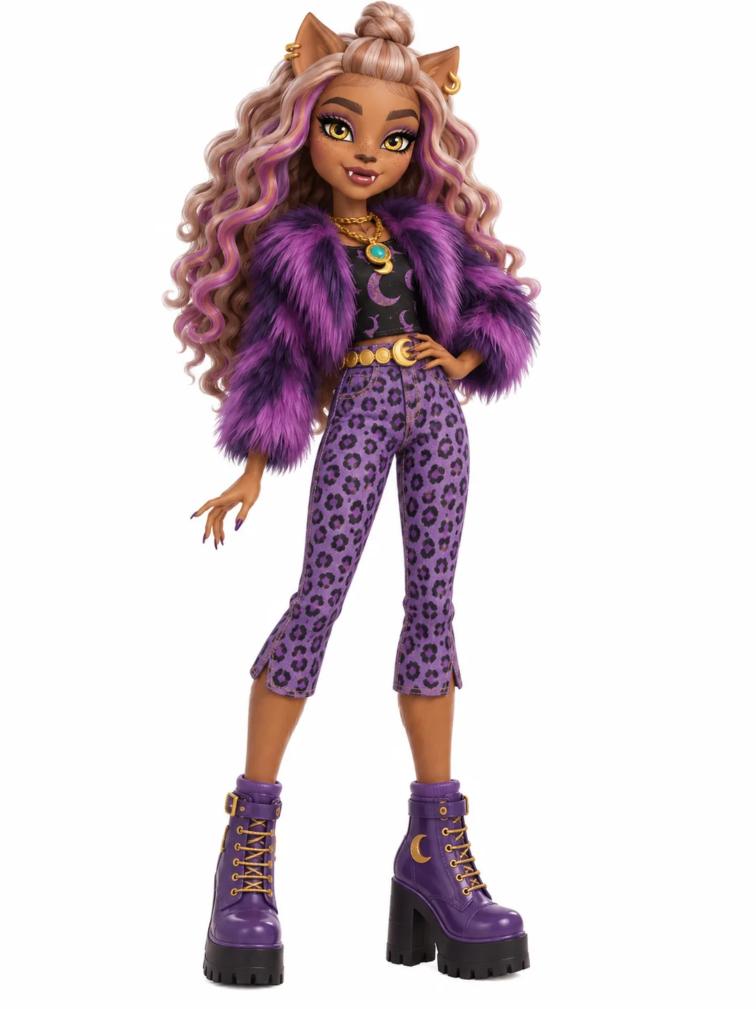 Clawdeen Wolf from Monster High in her purple Generation 3 fashion-doll outfit