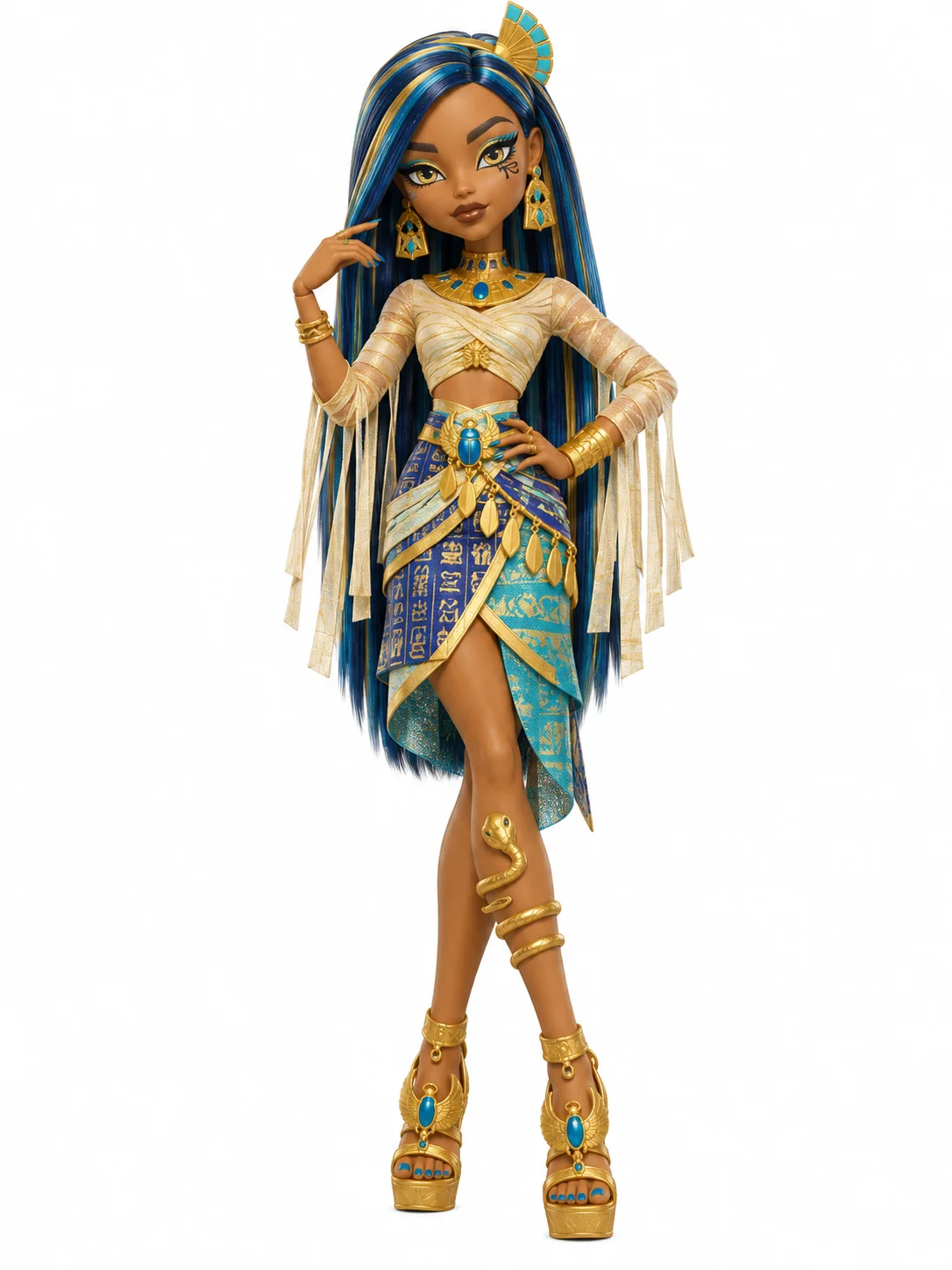 Cleo De Nile from Monster High in her blue-and-gold Generation 3 fashion-doll outfit