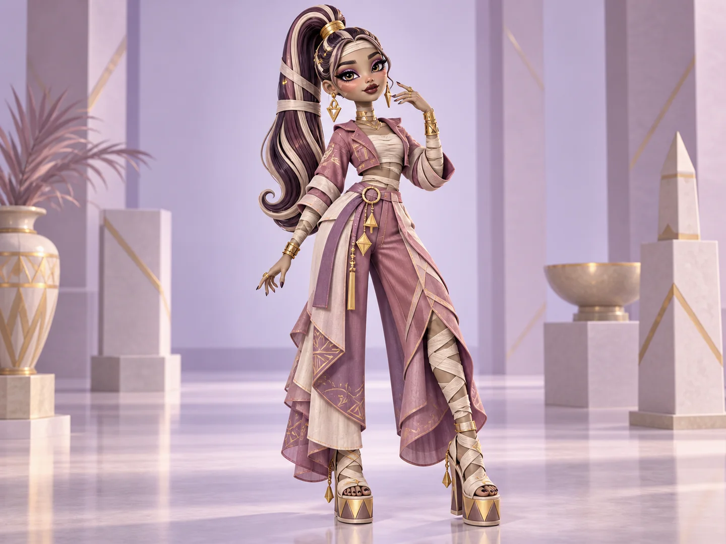 Original mummy student in a complete wrap-inspired outfit from high ponytail to platform sandals
