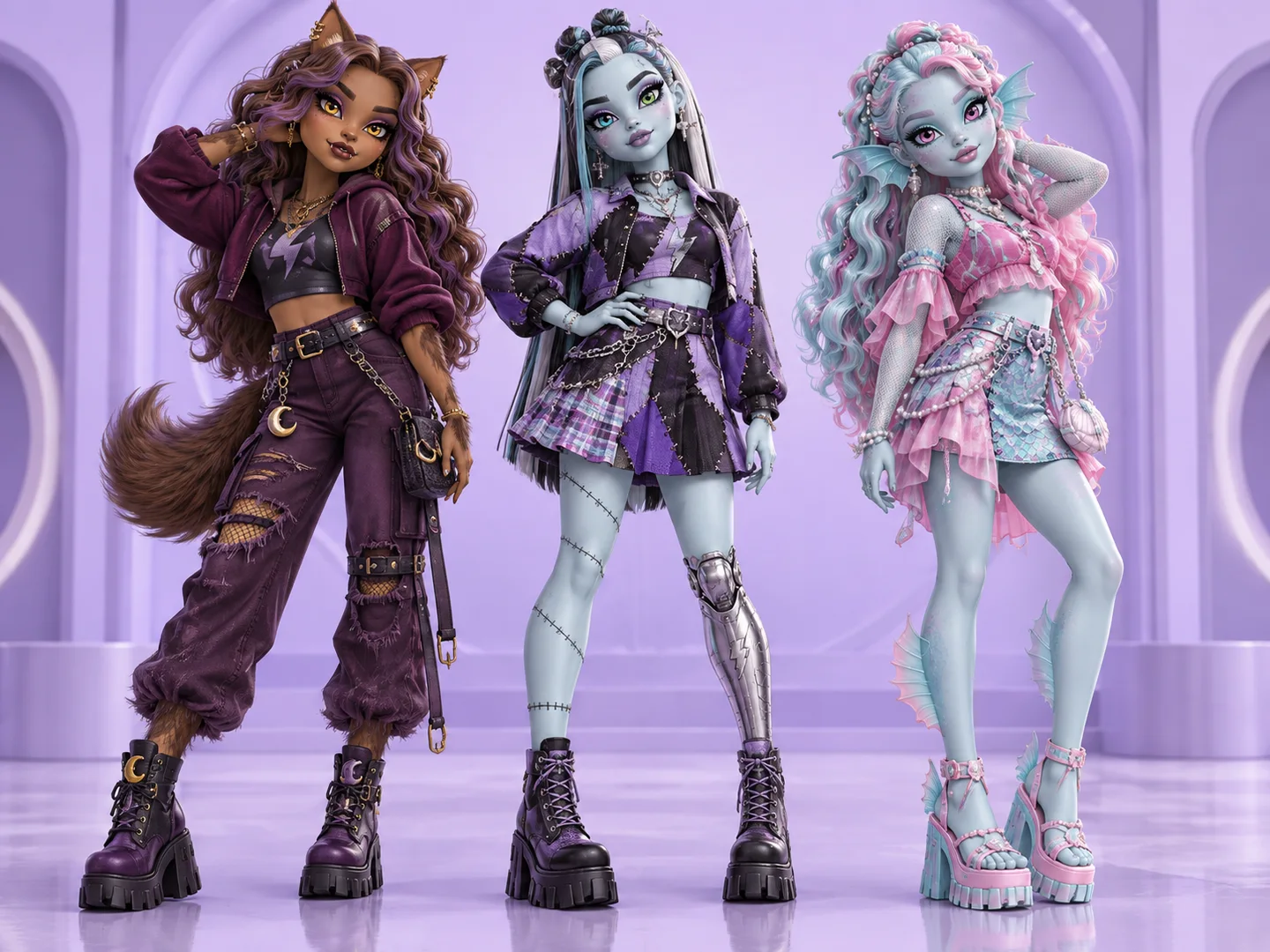 Three original monster students with werewolf, frankenmonster, and sea-monster traits