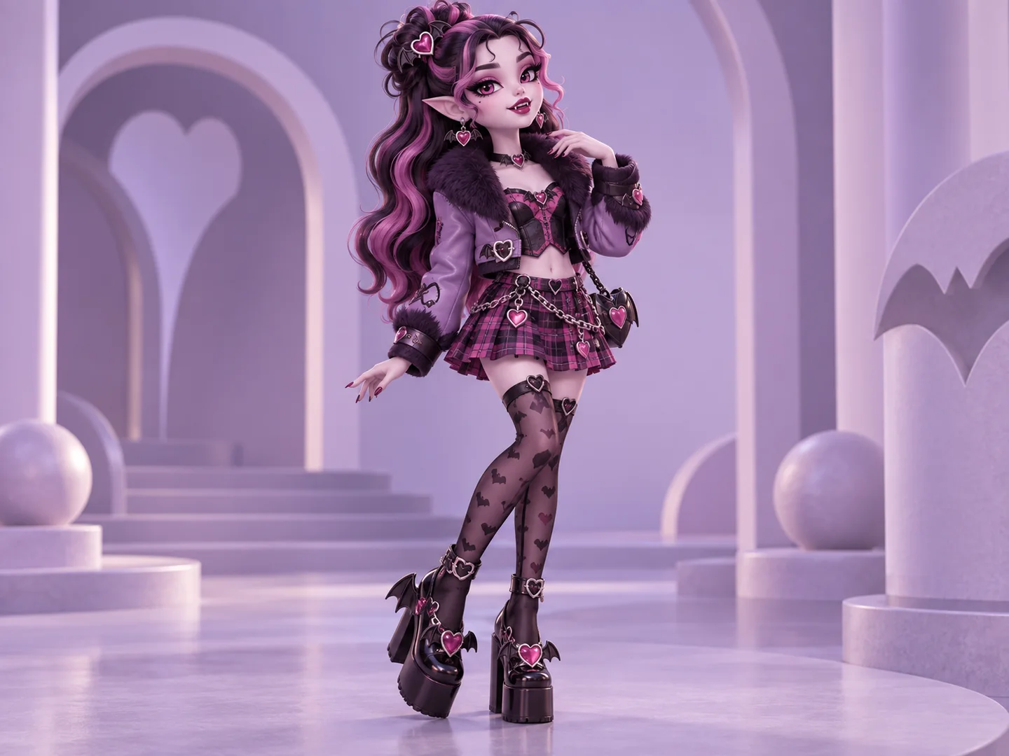 Original vampire student in coordinated lavender, berry-pink, and plum fashion with bat and heart motifs