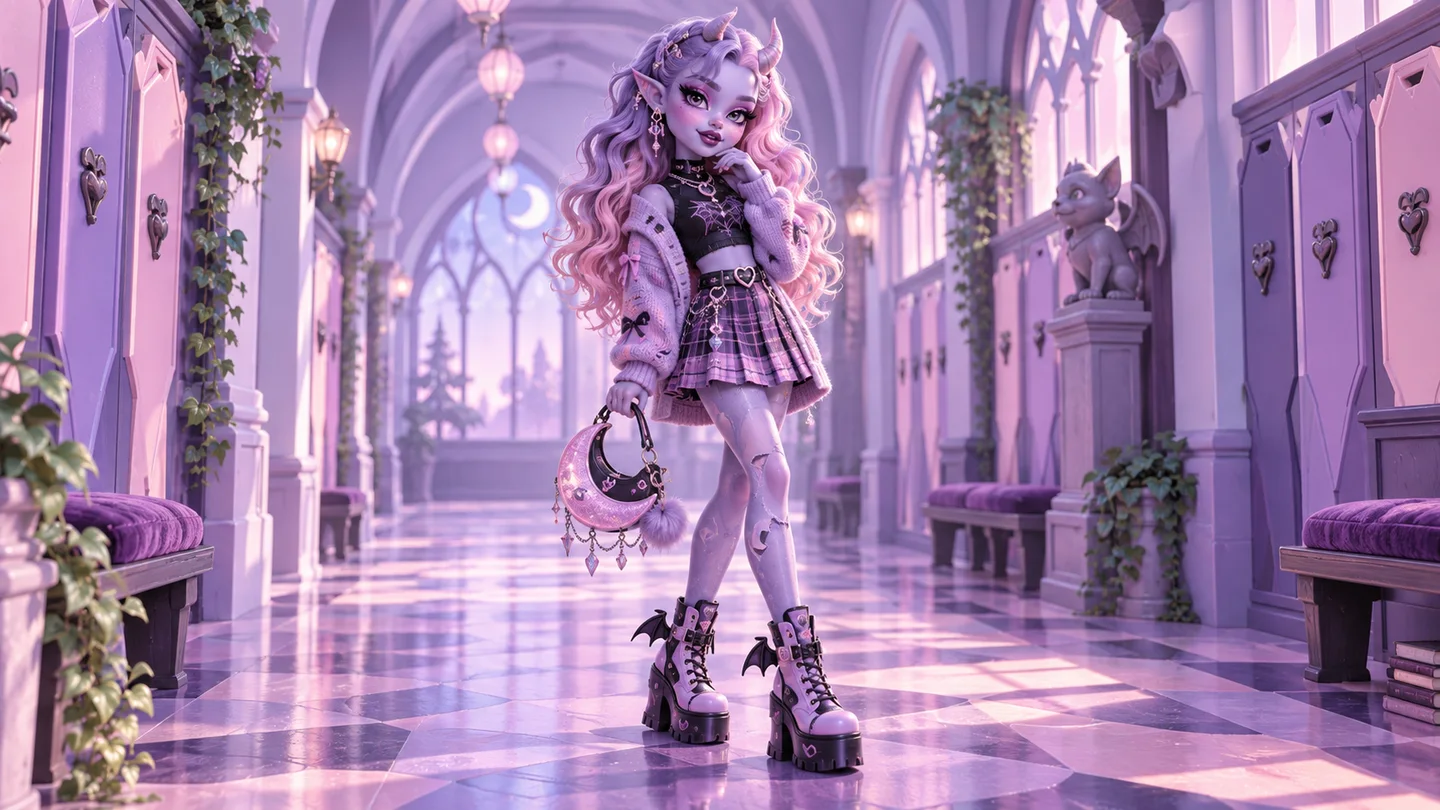 Estudiante monstruosa original de cabello lavanda y moda morada y rosa en un pasillo escolar gótico