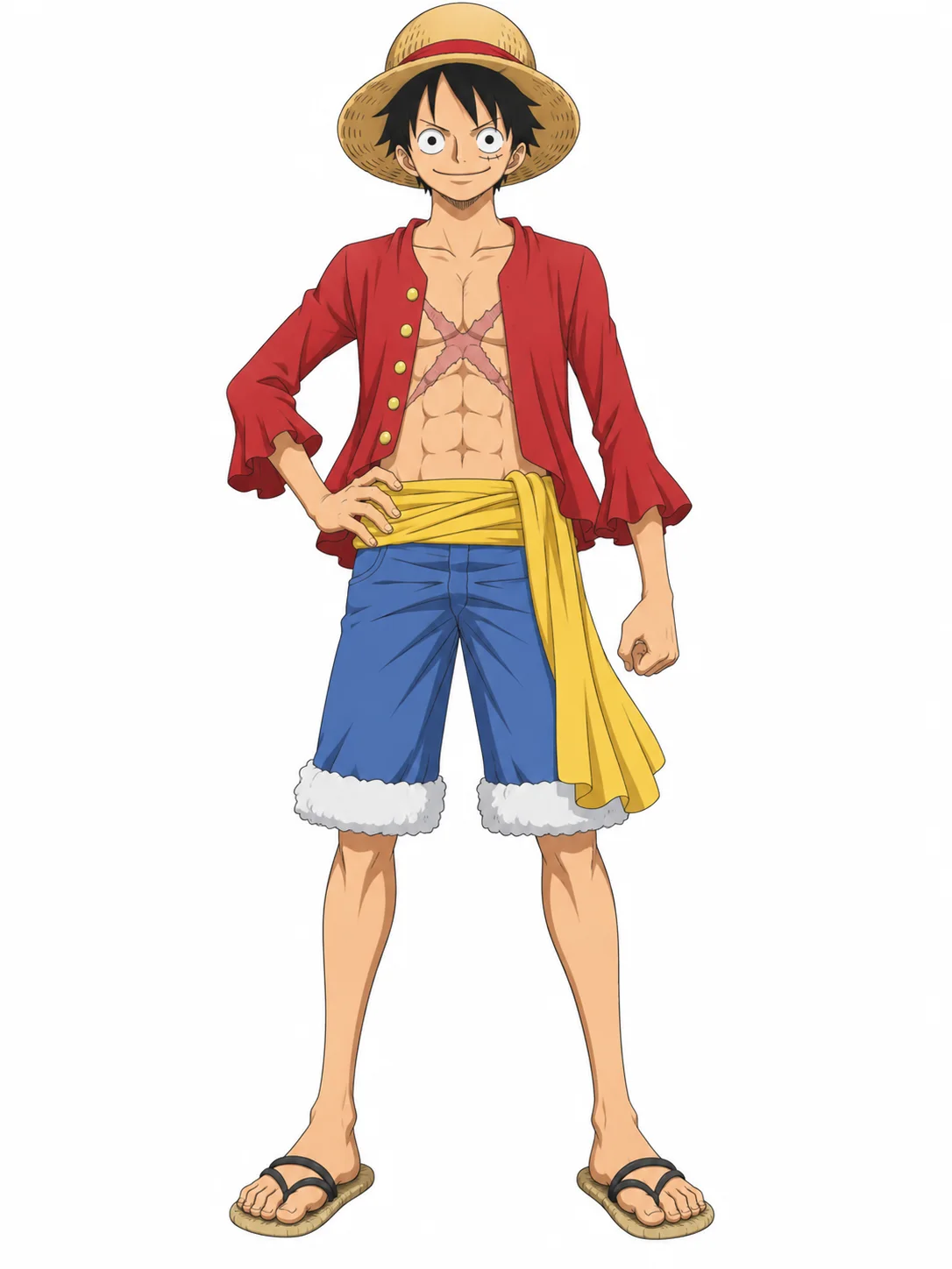 Monkey D. Luffy from One Piece in his red jacket, blue shorts, yellow sash, and straw hat