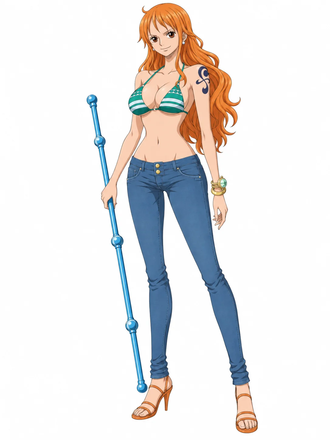 Nami from One Piece with long orange hair, a striped top, blue jeans, and a Clima-Tact