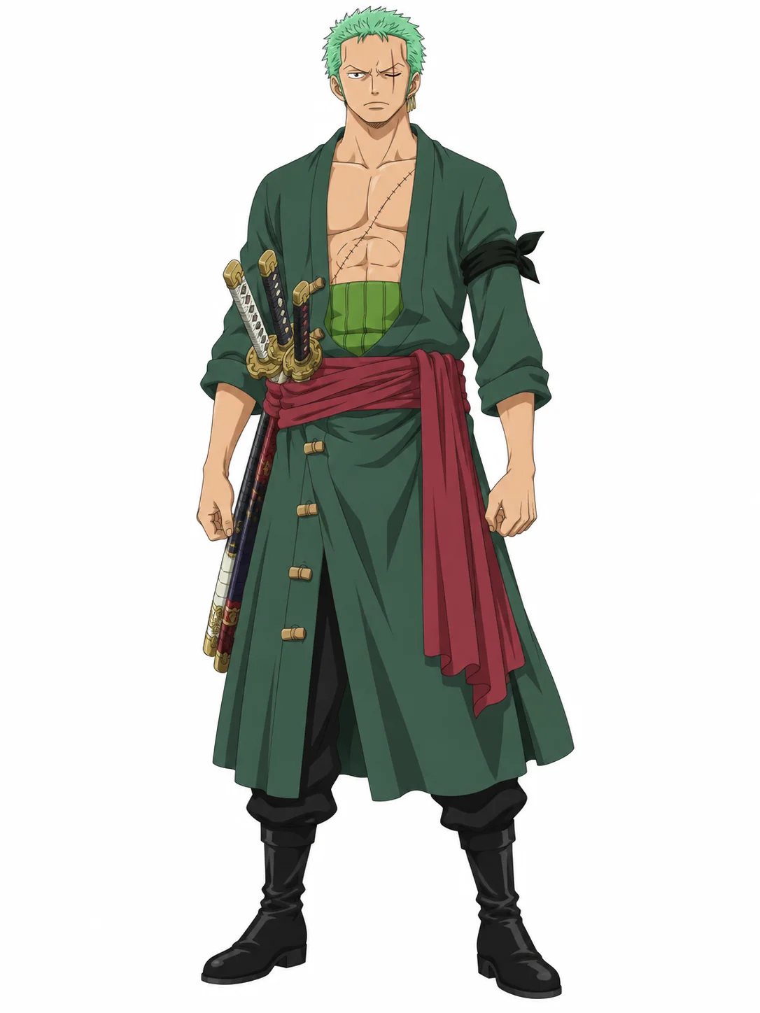 Roronoa Zoro from One Piece in a dark green robe with a red sash and three swords