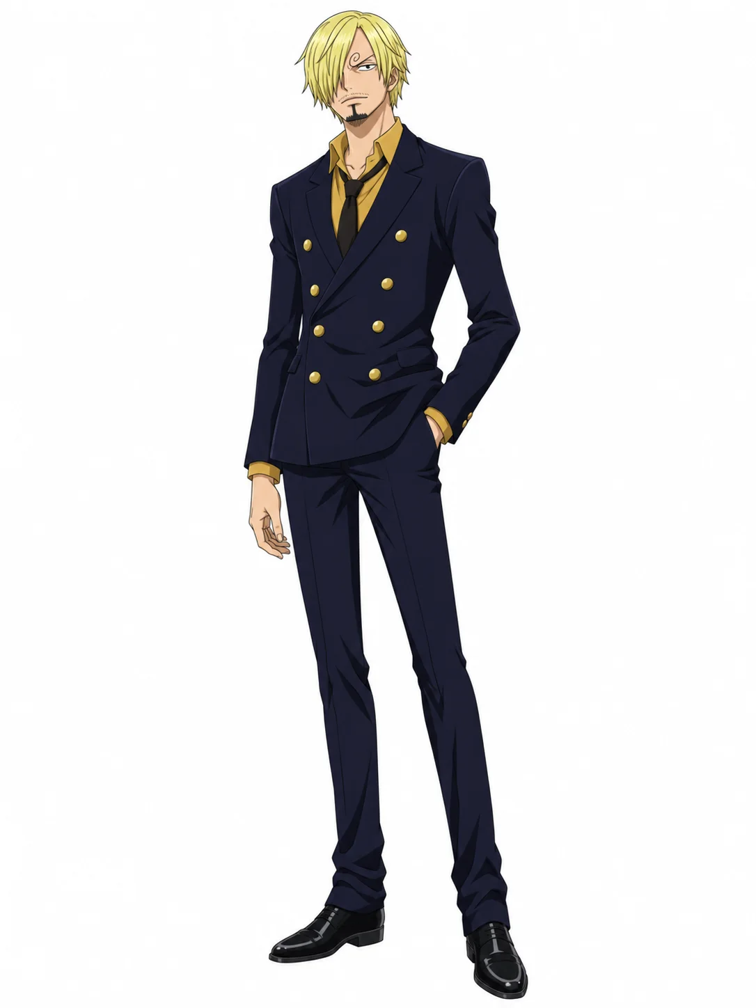 Sanji from One Piece in a dark double-breasted suit with blond hair covering one eye