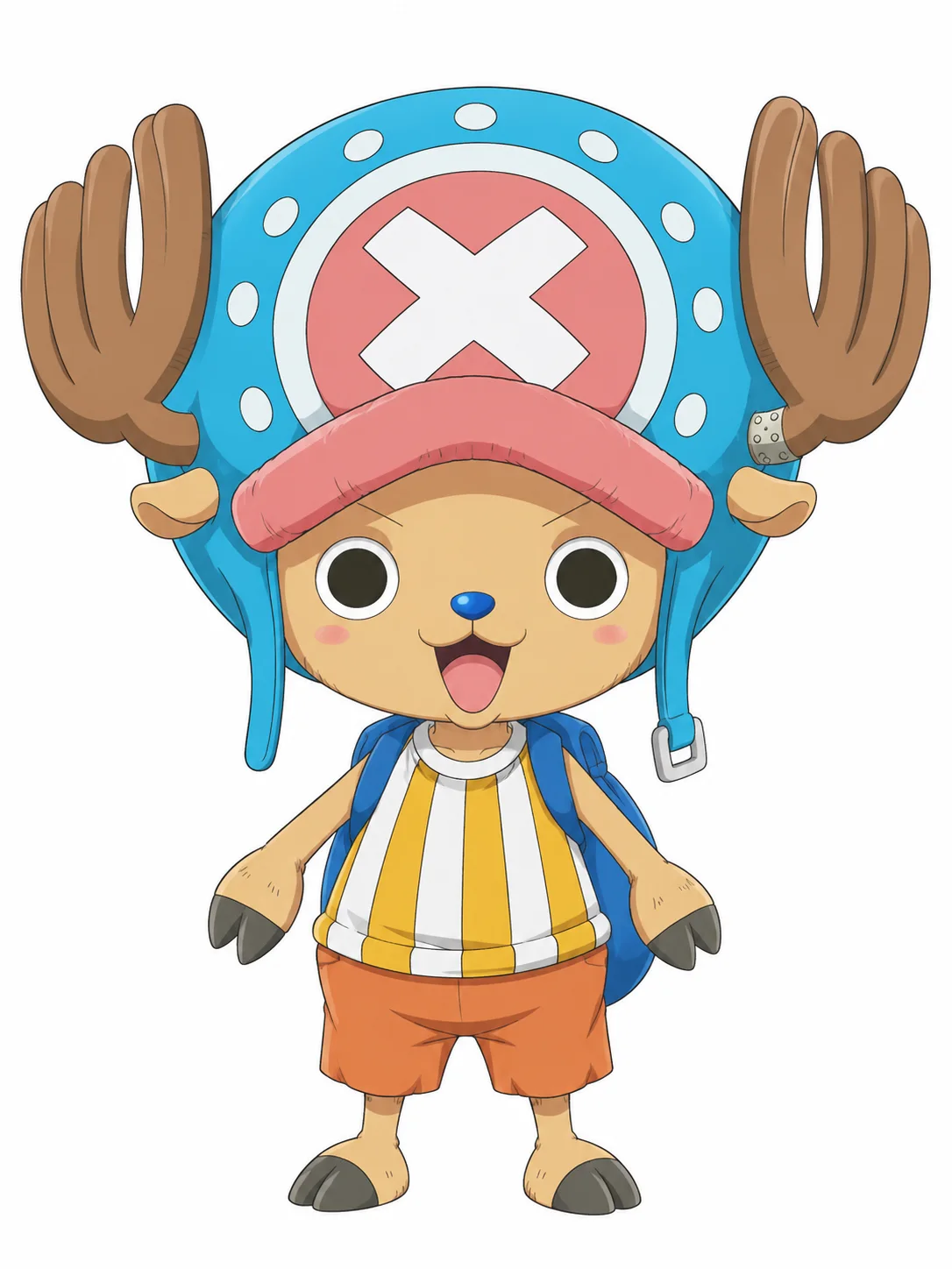 Tony Tony Chopper from One Piece with antlers, a blue-and-pink hat, striped top, and orange shorts