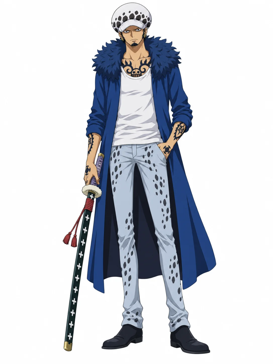 Trafalgar Law from One Piece in a spotted white hat, long blue coat, tattooed outfit, and nodachi