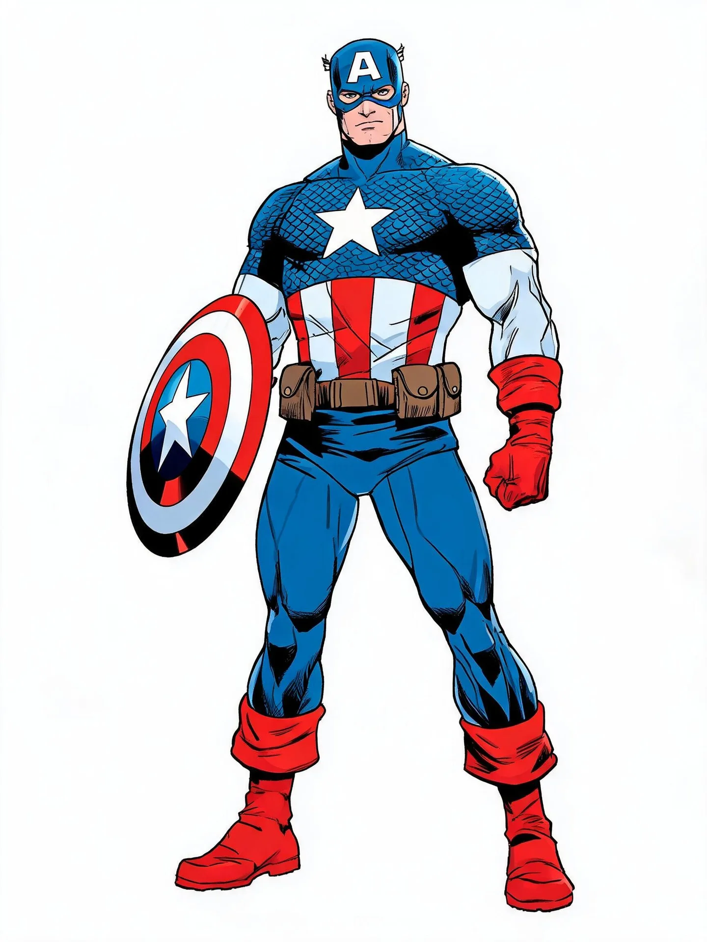 Full-body Captain America in a blue star-emblazoned suit and A-marked cowl, holding a circular red, white, and blue shield on a pure white background.