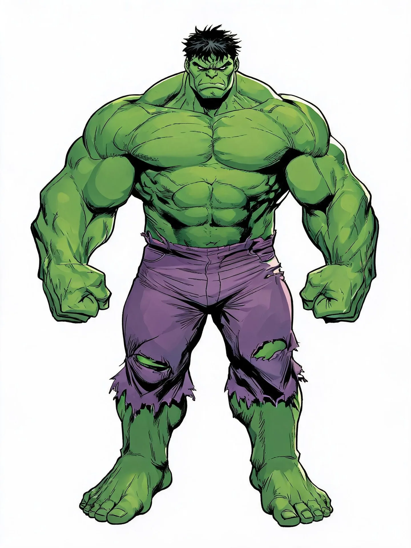 Full-body Hulk with green skin, short dark hair, an extremely muscular build, clenched fists, and torn purple pants on a pure white background.