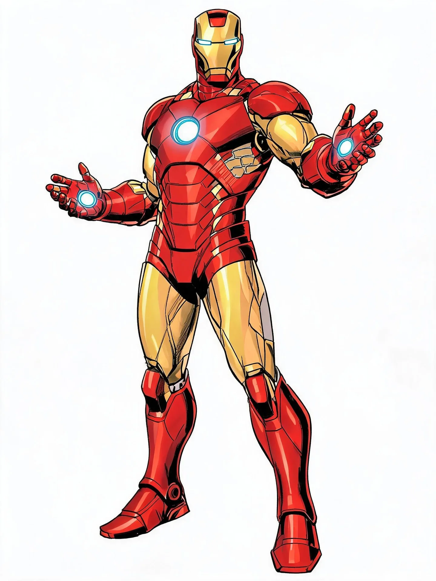 Full-body Iron Man in red-and-gold mechanical armor with glowing eyes, a circular chest reactor, and illuminated palm repulsors on a pure white background.