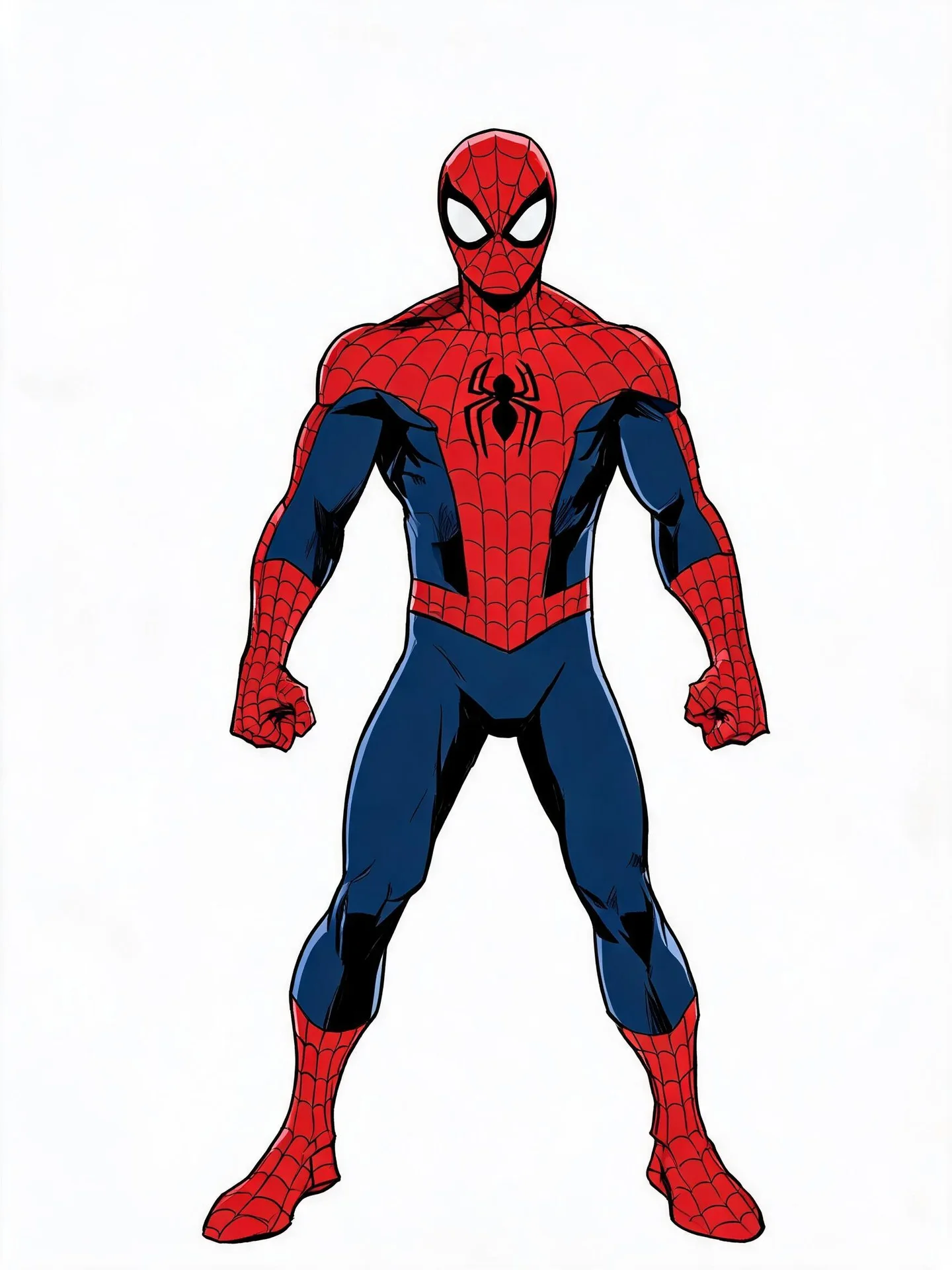 Full-body Spider-Man in a red-and-blue web-patterned suit with large white mask lenses and a black spider emblem on a pure white background.