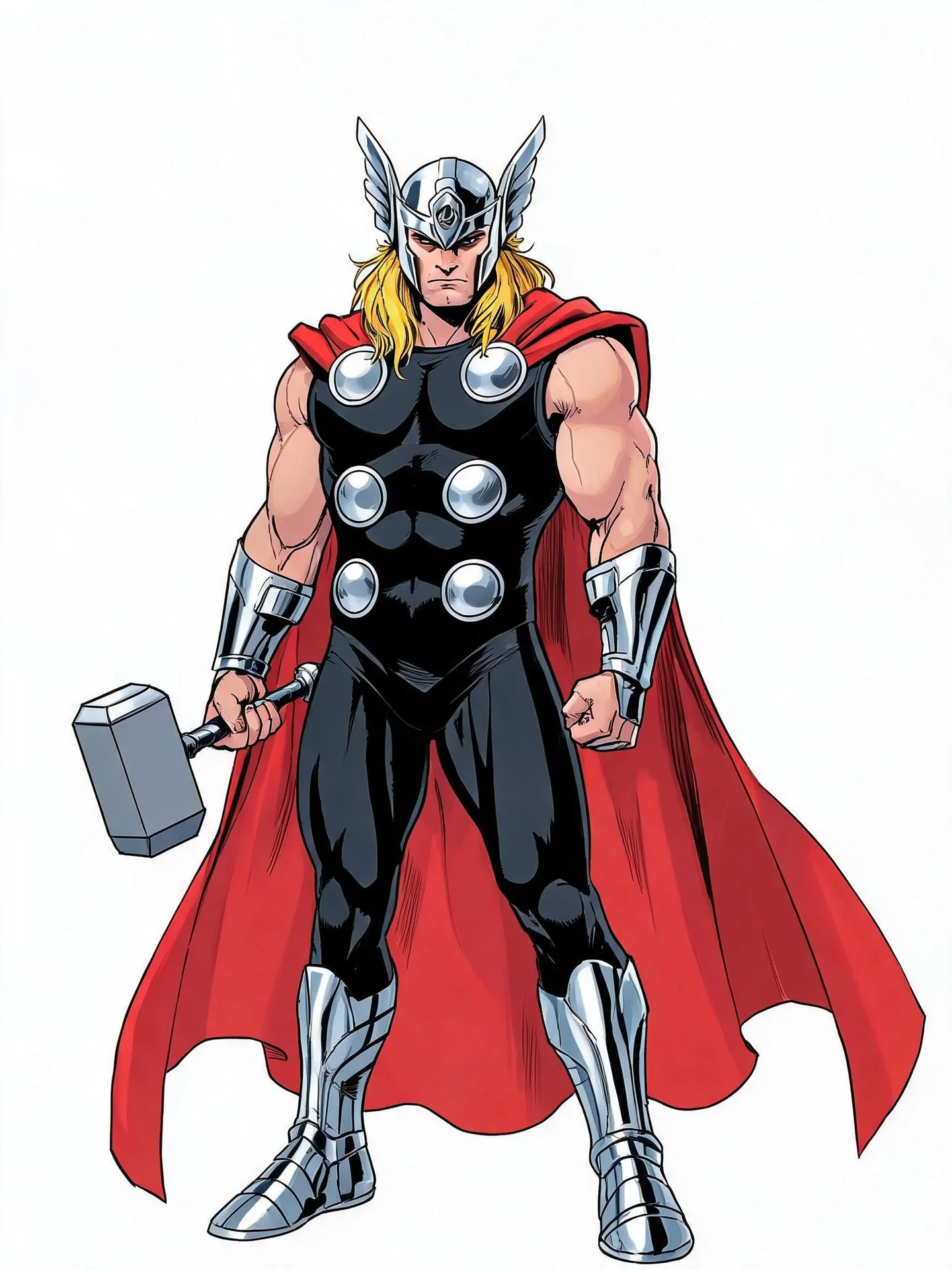 Full-body Thor with long blond hair, a winged silver helmet, black armor, a red cape, and a short-handled hammer on a pure white background.