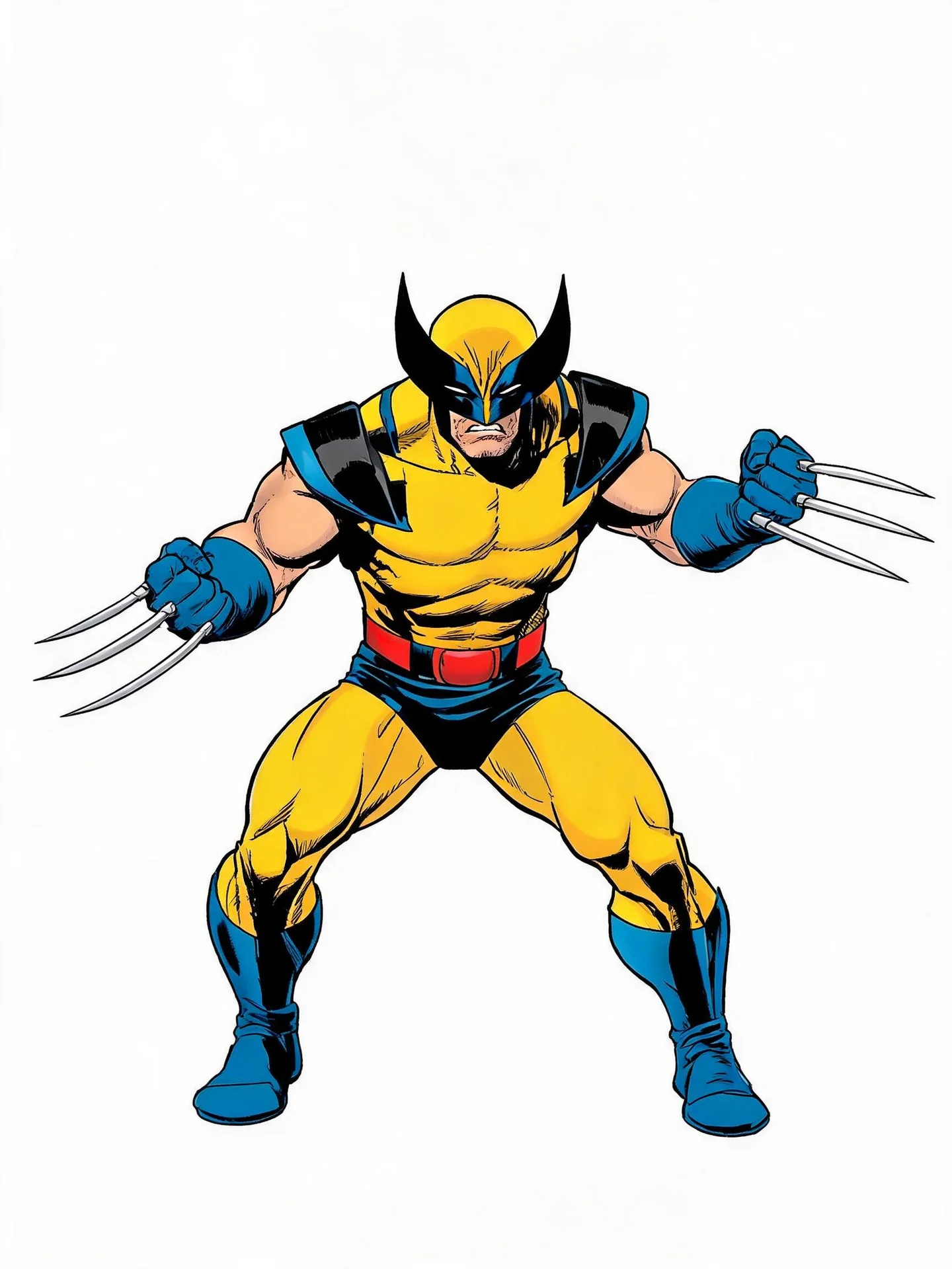 Full-body Wolverine in a yellow-and-blue suit with a black pointed cowl, dark shoulder fins, and three metal claws extended from each fist on a pure white background.