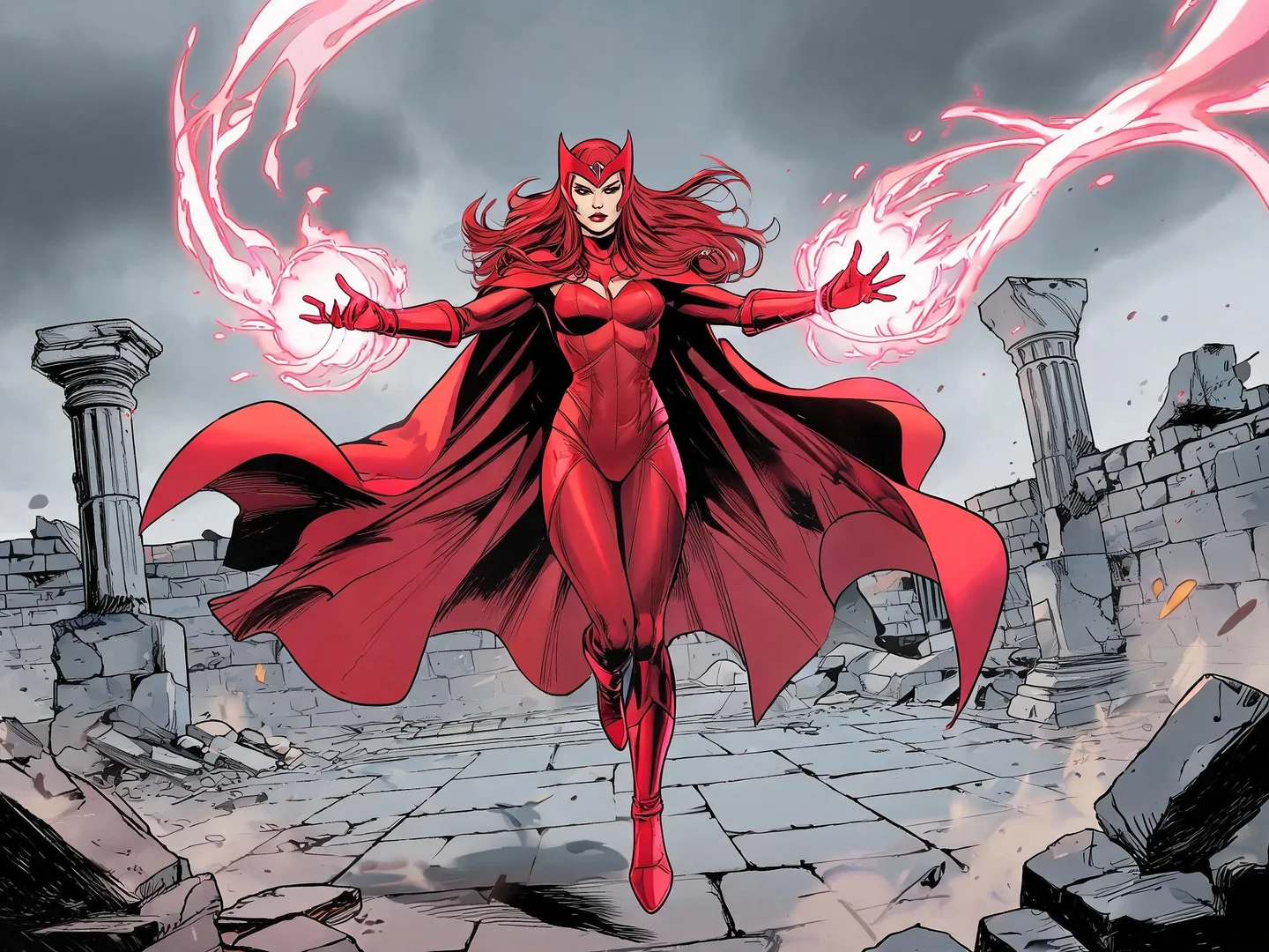 Scarlet Witch floating above stone ruins in a red headpiece, fitted scarlet costume, sweeping cape, and glowing energy around both hands.