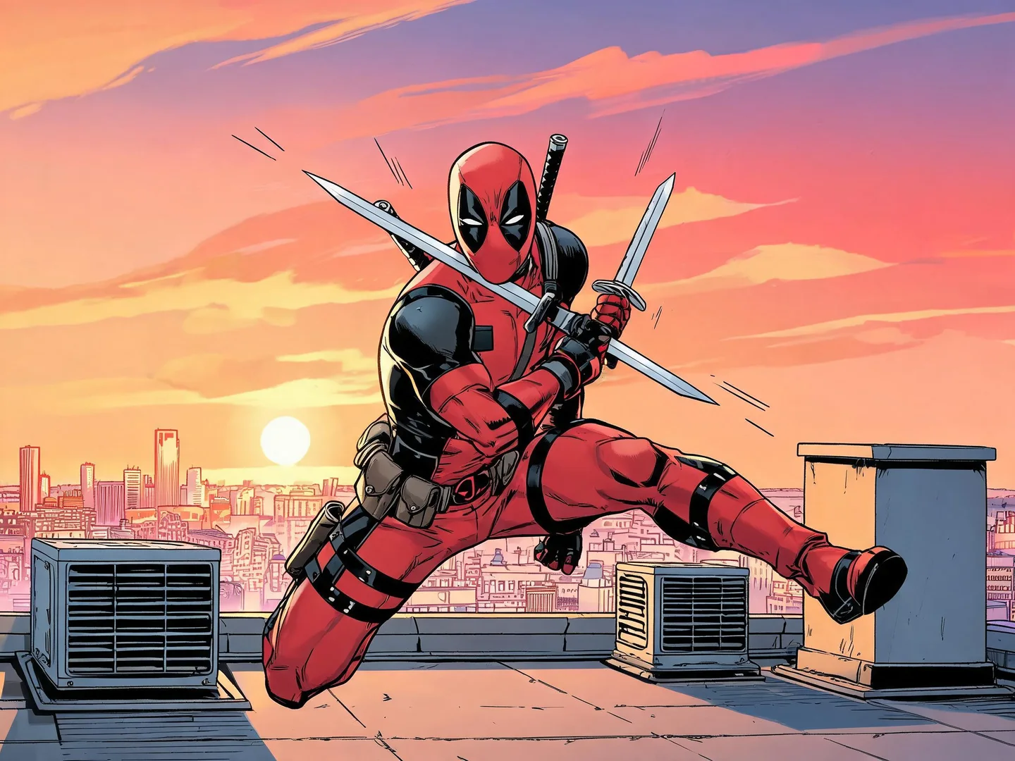 Deadpool leaping across a city rooftop at sunset in a red-and-black tactical suit while crossing two katana swords in front of him.