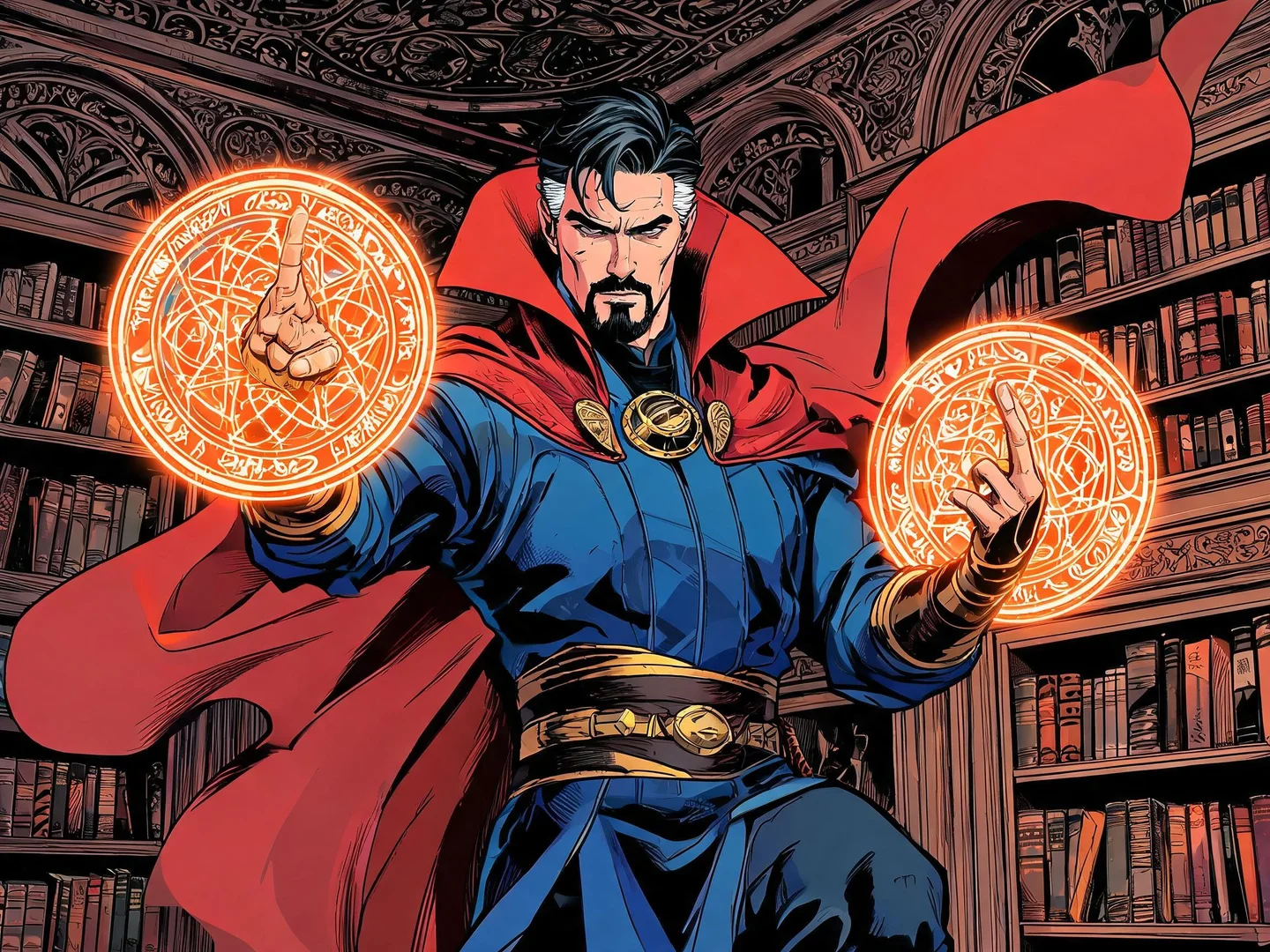 Doctor Strange in a blue robe and red cloak casting two glowing orange magic circles inside an ornate library.