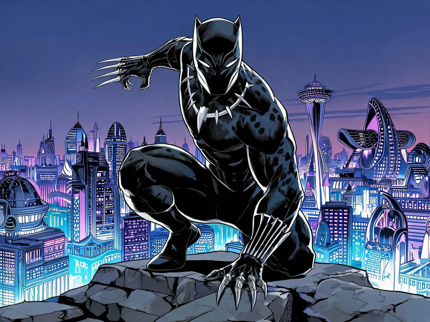 Black Panther crouching on a stone rooftop above a luminous futuristic city in a sleek black suit with silver claws and a fang-shaped necklace.