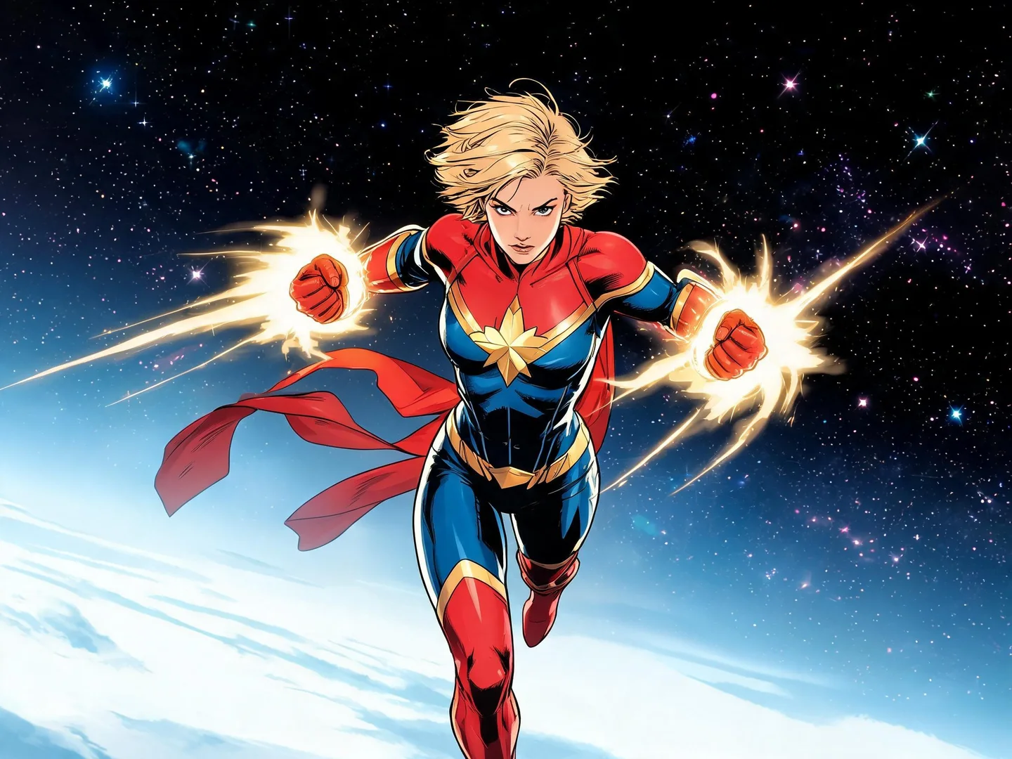 Captain Marvel flying through space above Earth in a red-and-blue suit with a gold star emblem and glowing energy around both fists.