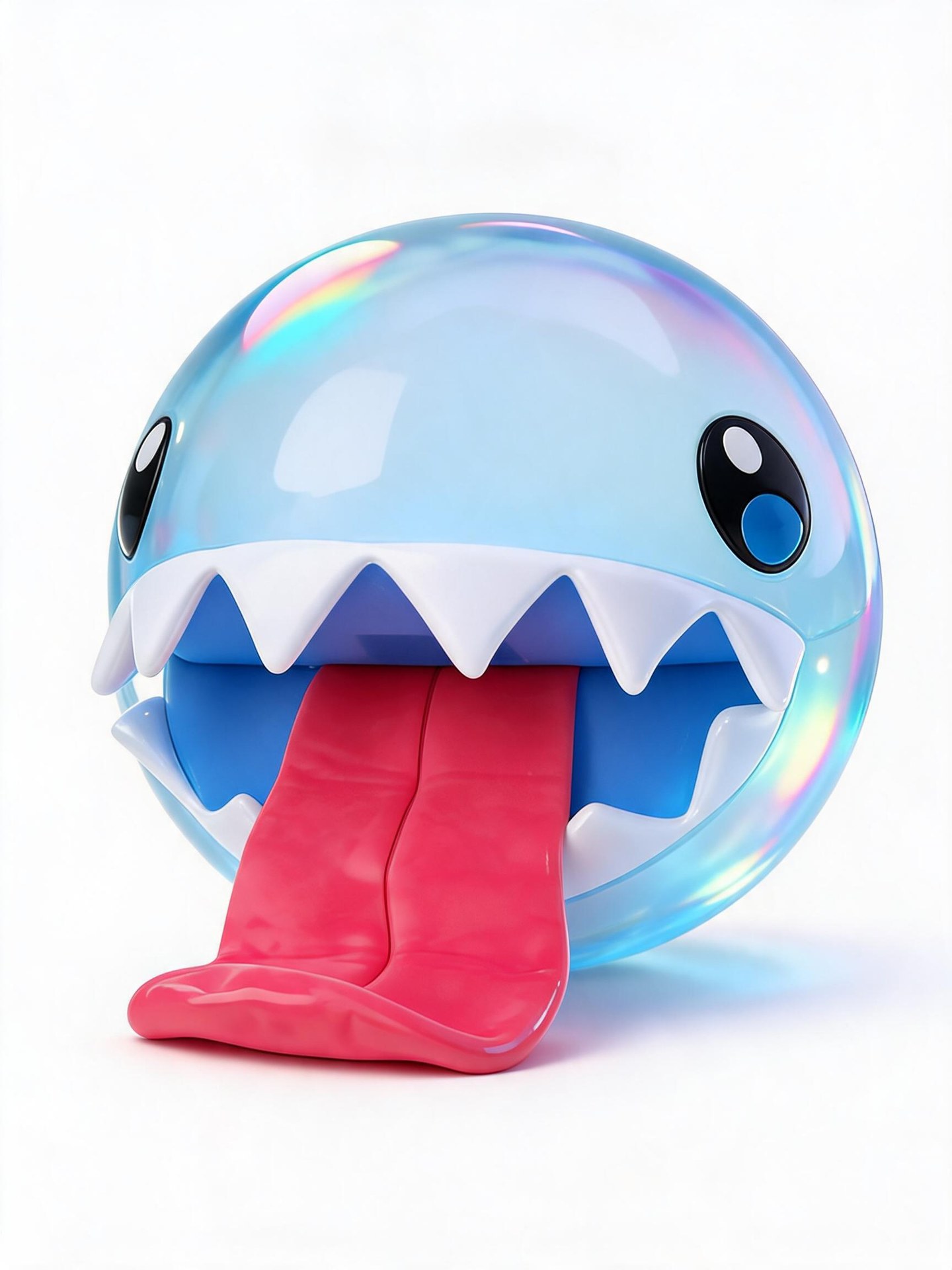 Bubble as an iridescent pale blue sphere with black oval eyes, triangular white teeth, and a long pink tongue.