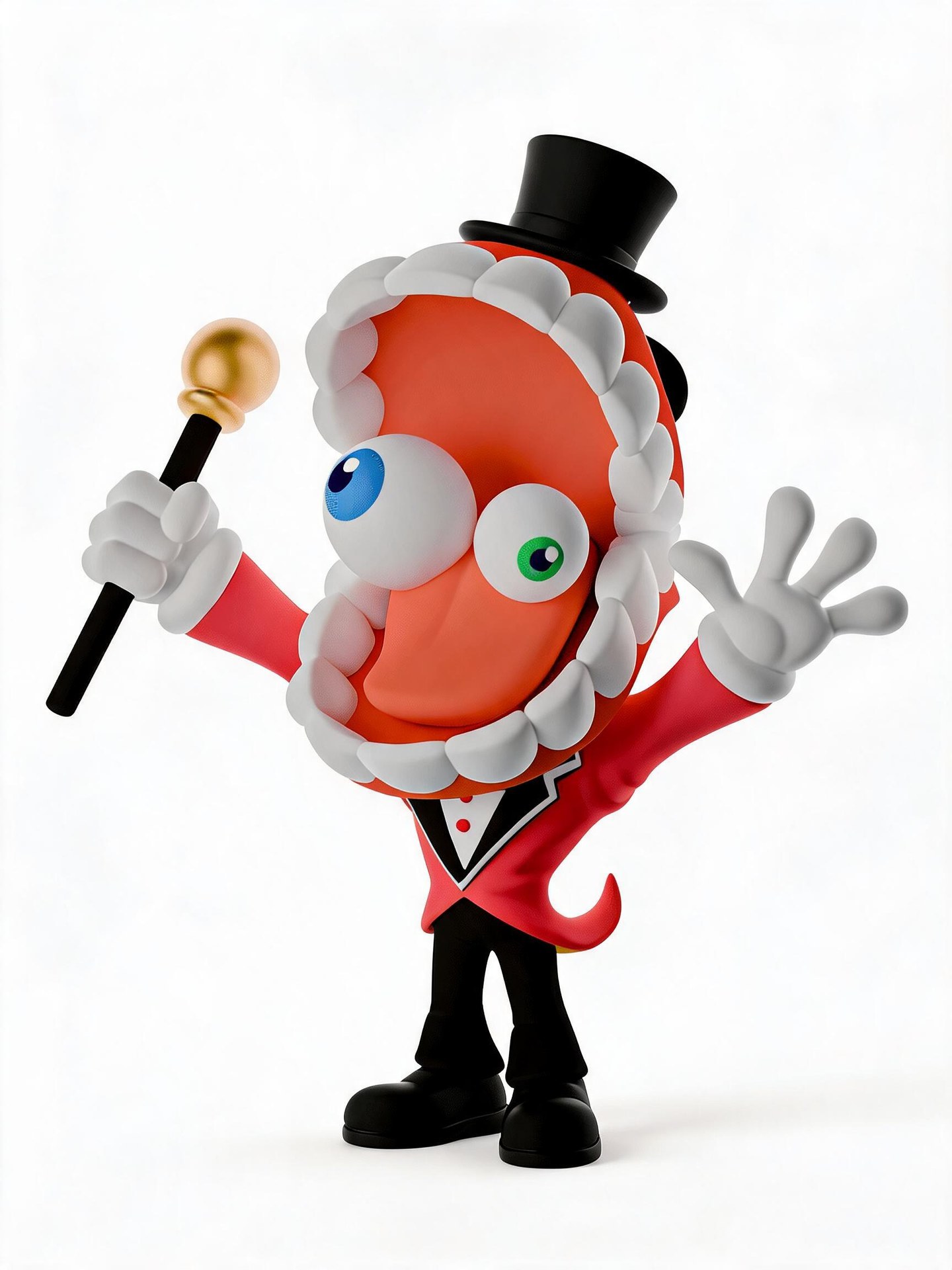Caine with an open denture-shaped head, blue and green eyes, a red tailcoat, black top hat, and gold-topped cane.