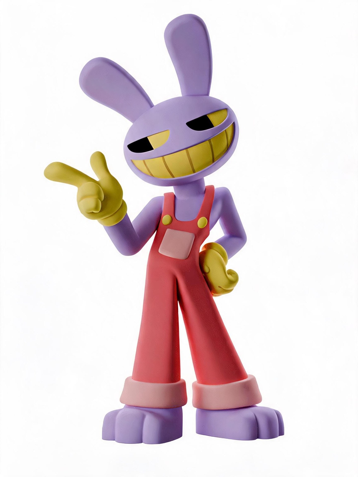Jax, a long-eared purple rabbit in coral-pink overalls and yellow gloves, with a wide yellow-toothed grin.