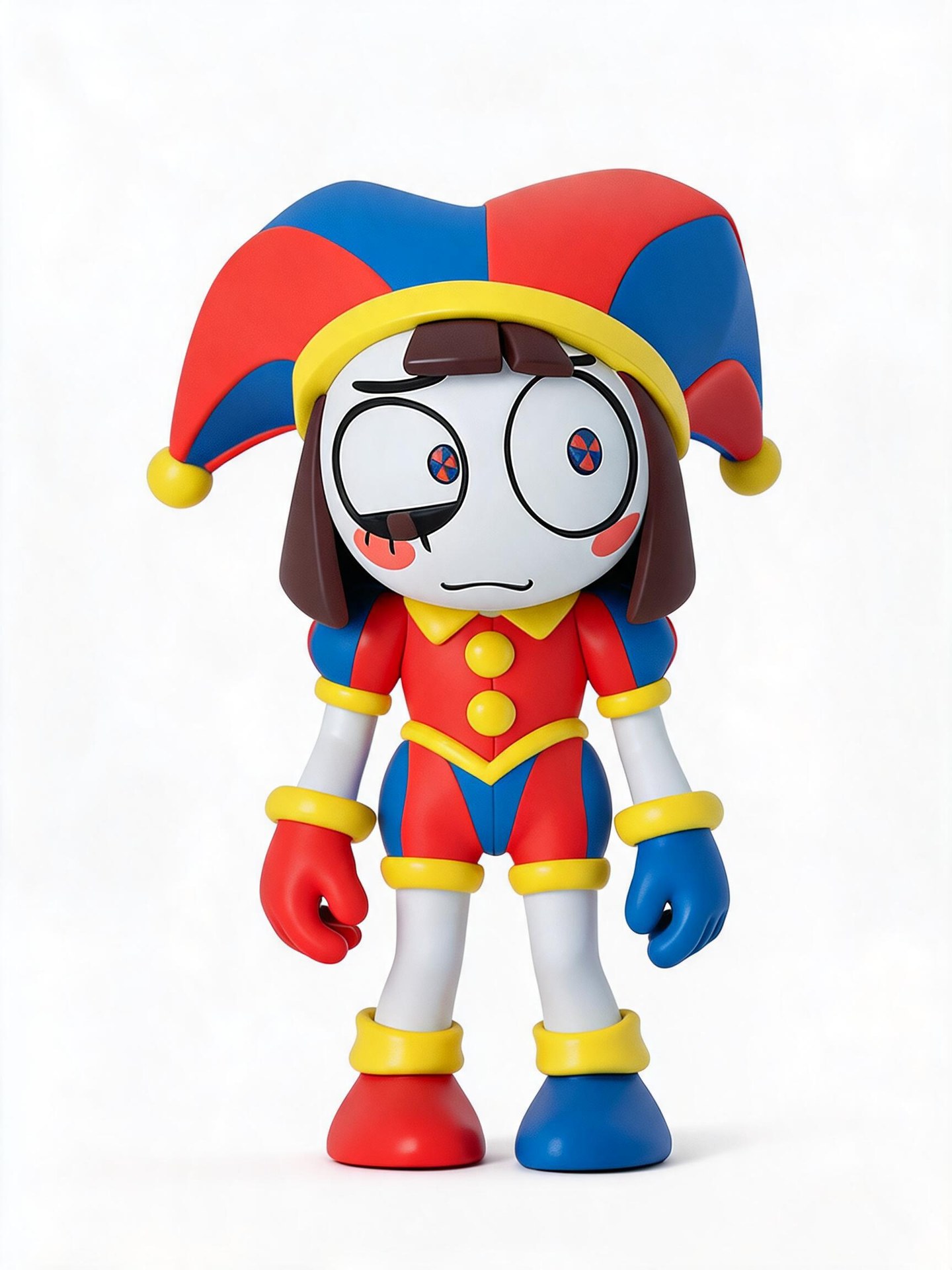 Pomni with wide pinwheel eyes, brown bobbed hair, and a red-and-blue jester outfit with yellow trim.