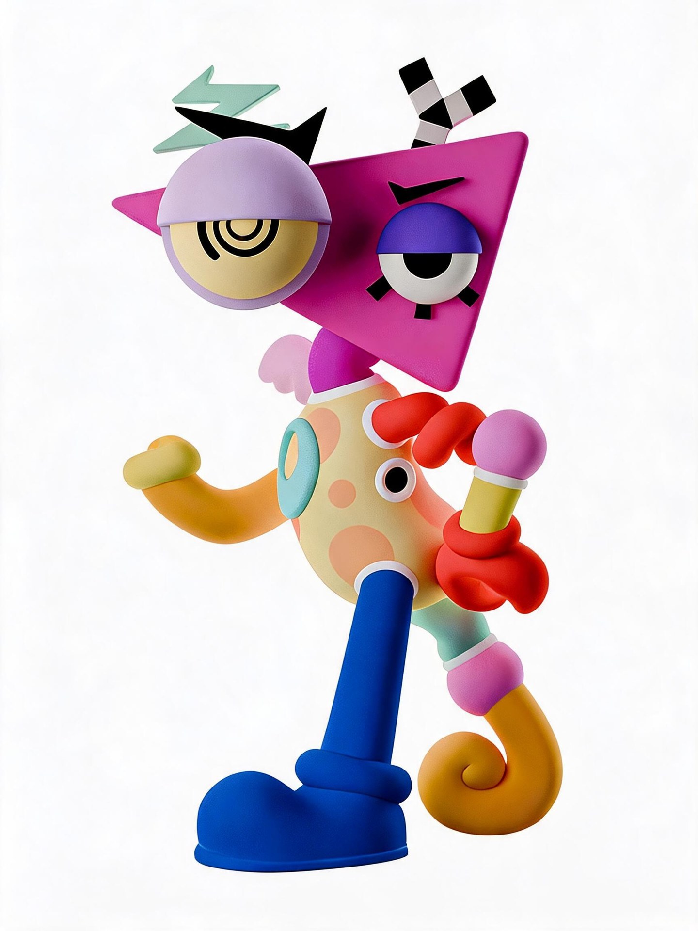Zooble with a magenta triangular head, mismatched eyes, a spotted torso, and asymmetric colorful toy limbs.