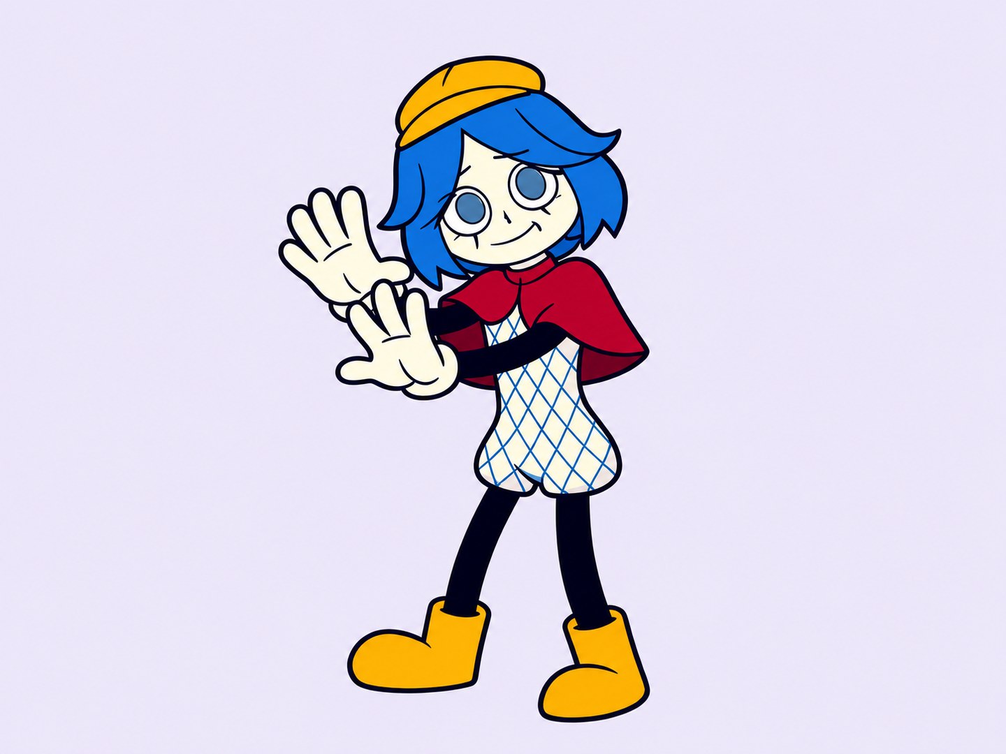 Lilt, a blue-haired mime in a yellow cap and burgundy cape, on a pale lavender background.