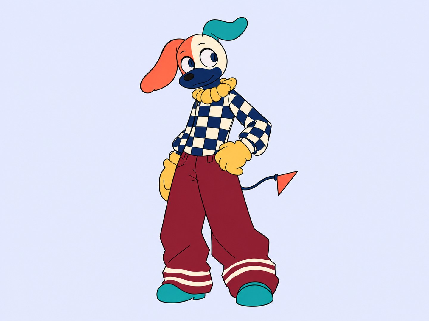 Rilloo, a floppy-eared dog character in a checkerboard shirt and burgundy trousers on pale periwinkle.