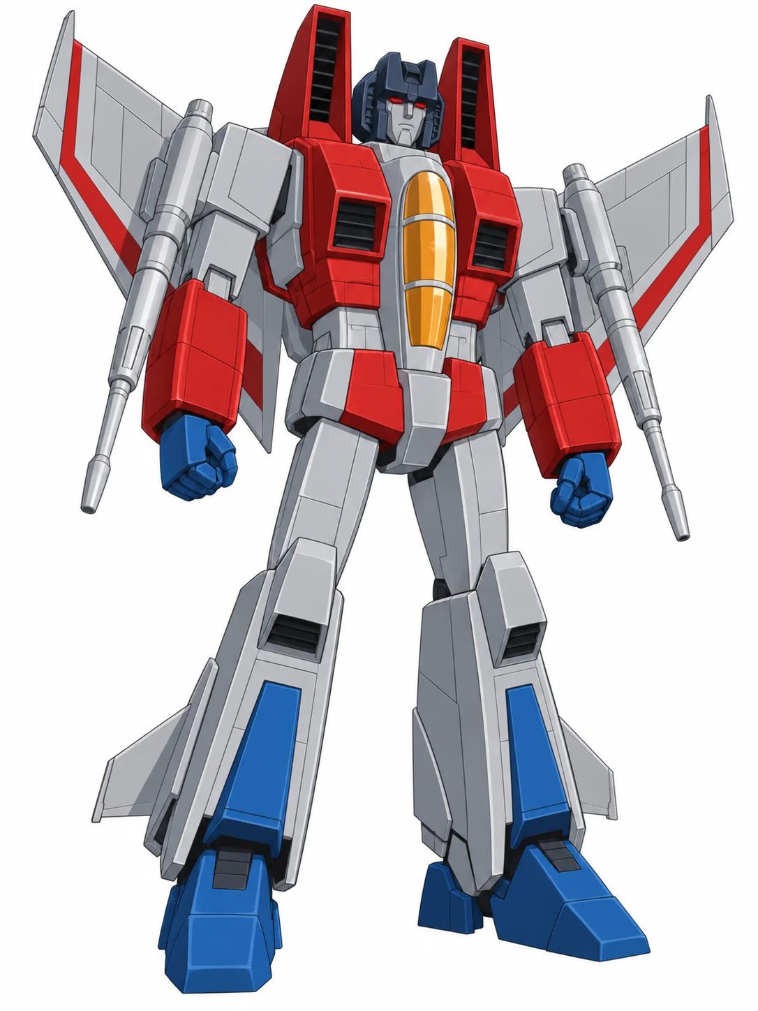 Starscream from Transformers in his G1-inspired red gray and blue jet robot mode
