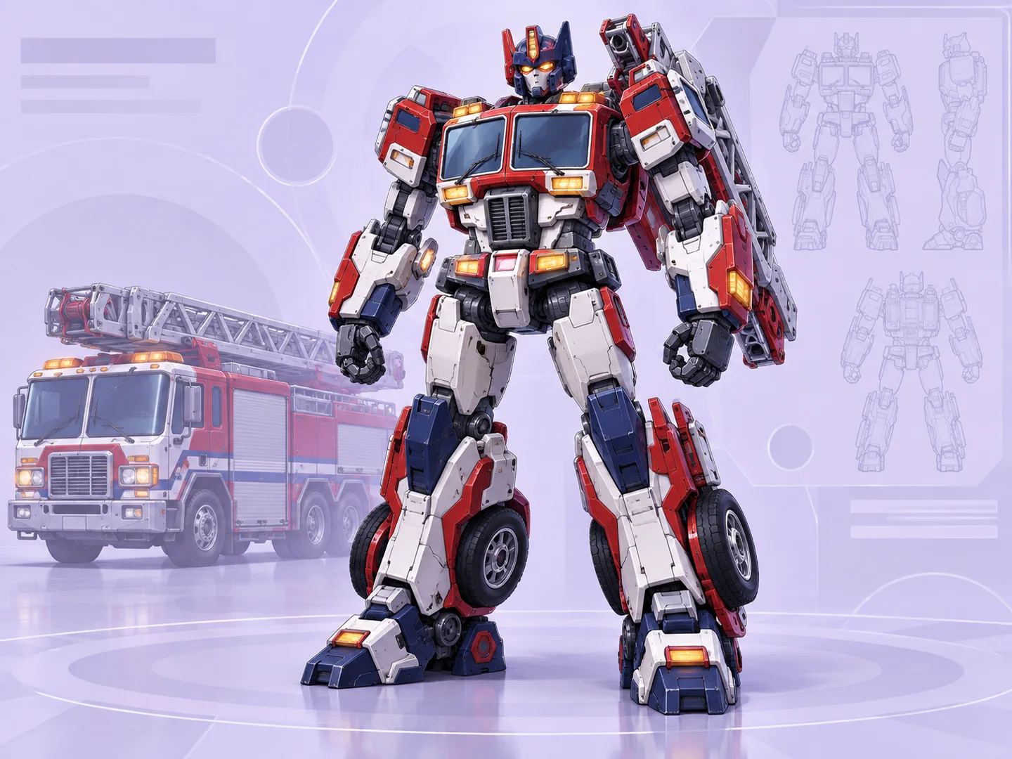 Original red white and indigo rescue-truck robot beside its alternate-mode design reference