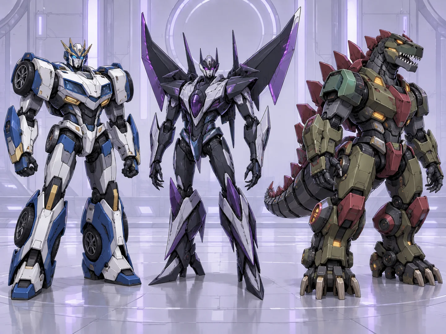 Three original robot concepts with car jet and dinosaur-based silhouettes