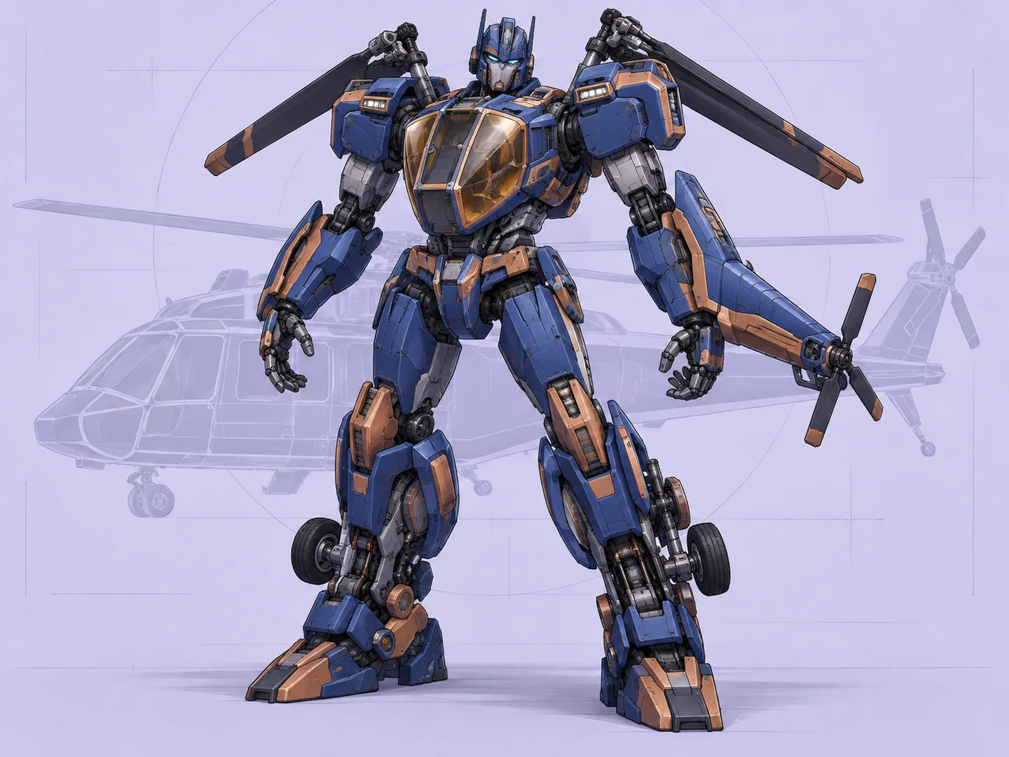 Original blue and copper helicopter robot with cockpit chest and folded rotor parts