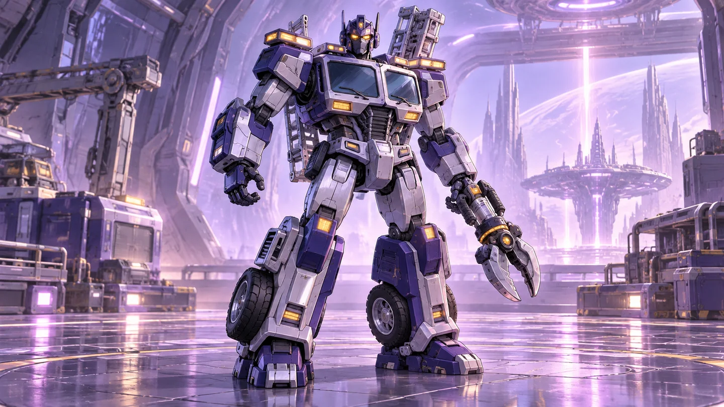 Original indigo and silver rescue-truck robot in a lavender futuristic hangar