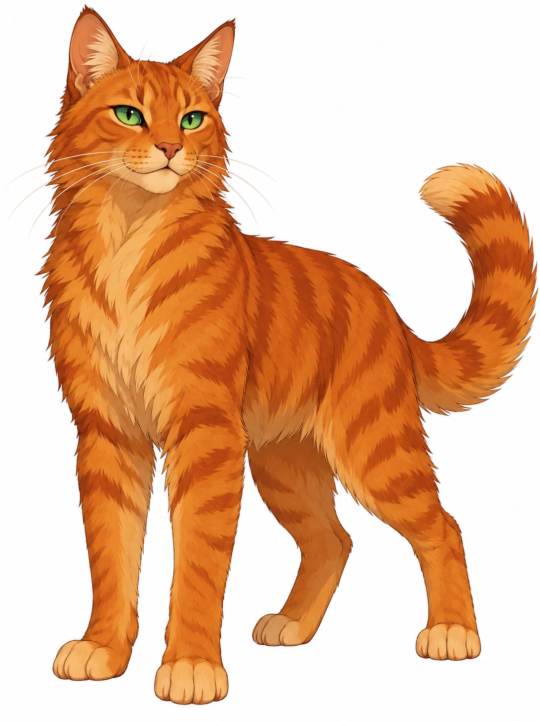 Firestar illustration with orange striped fur, green eyes, a pale muzzle and a raised fluffy tail.