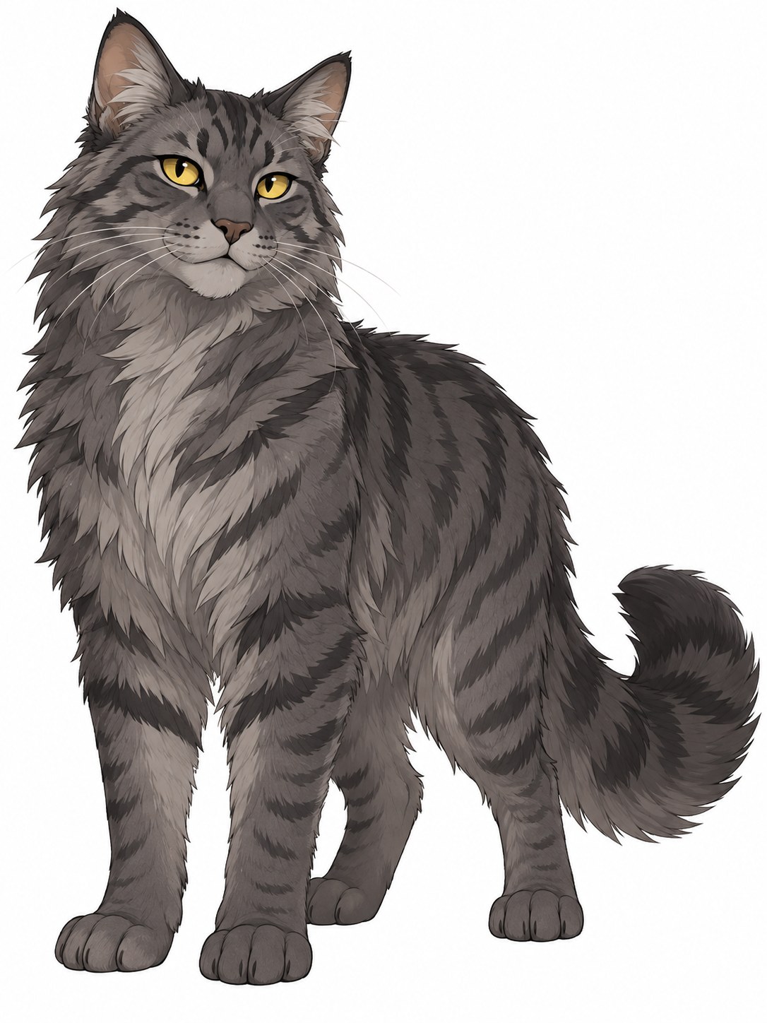 Graystripe illustration with shaggy gray fur, dark tabby markings, yellow eyes and a bushy curled tail.