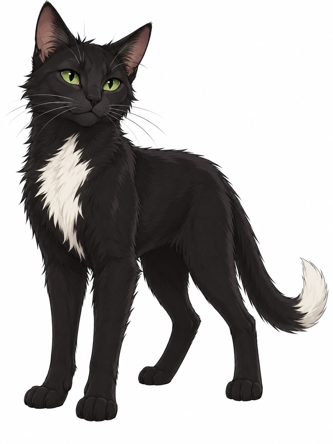 Ravenpaw illustration with black fur, green eyes, a white chest patch and a white-tipped tail.