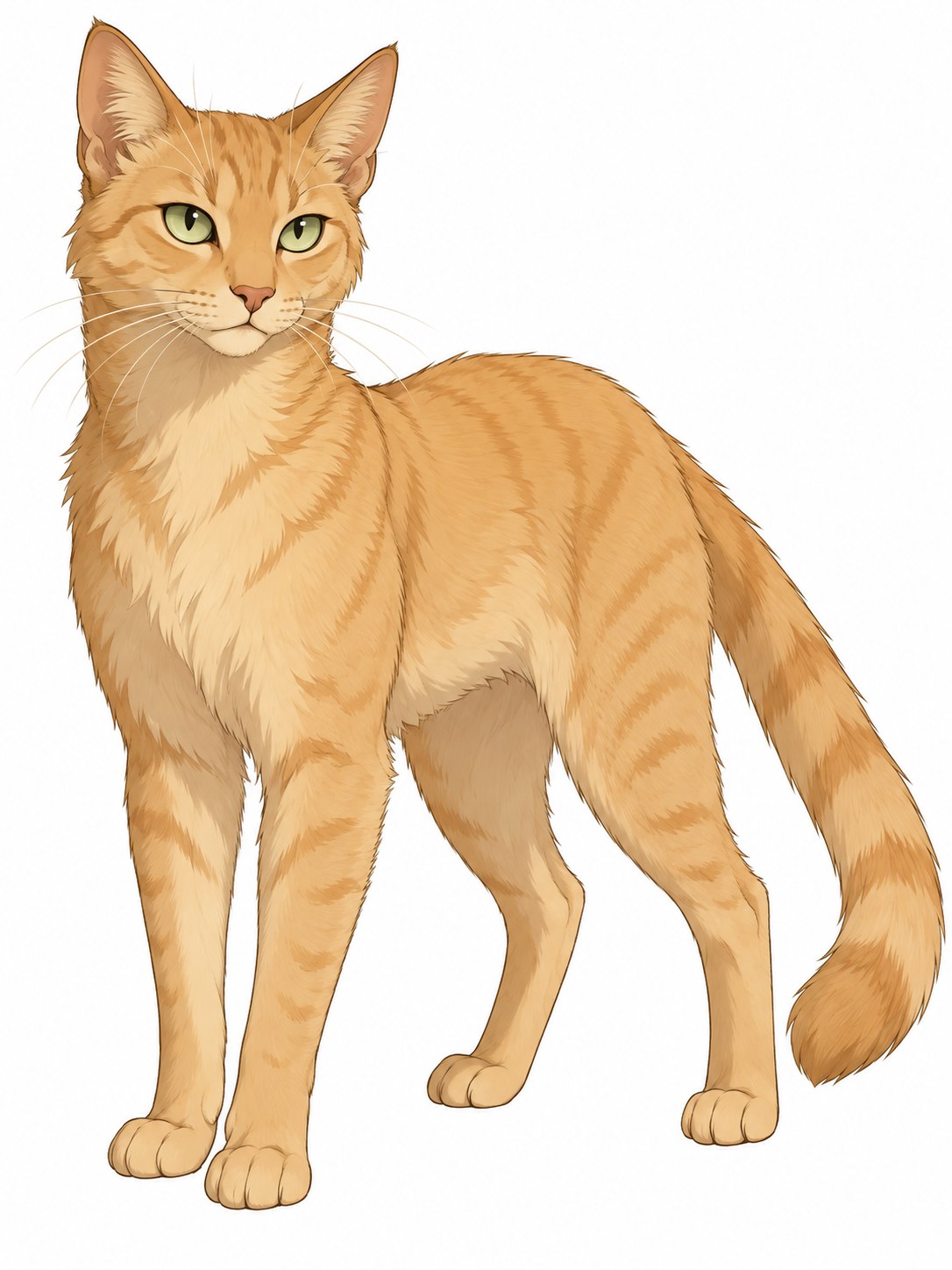 Sandstorm illustration with pale ginger stripes, light green eyes, slender legs and a curved tail.