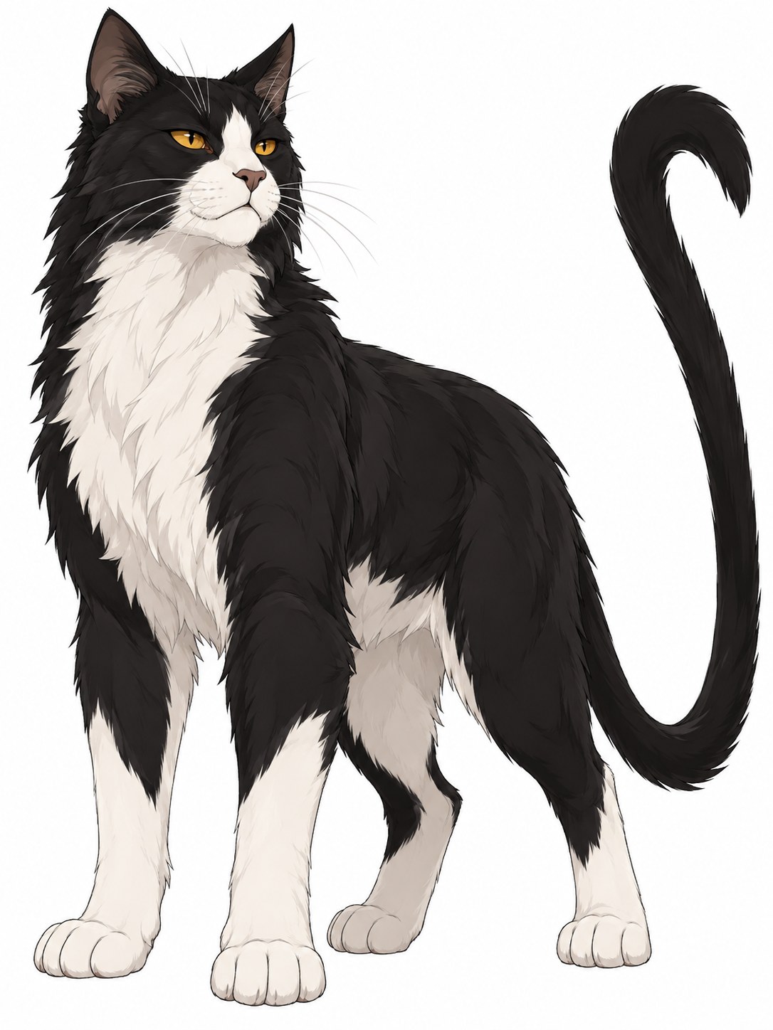 Tallstar illustration with black-and-white fur, amber eyes, white paws and a very long raised black tail.
