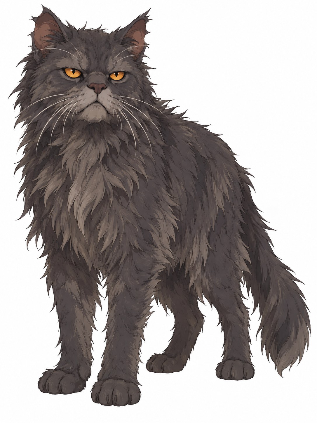 Yellowfang illustration with shaggy dark gray fur, orange eyes, a flat muzzle and ragged ears.