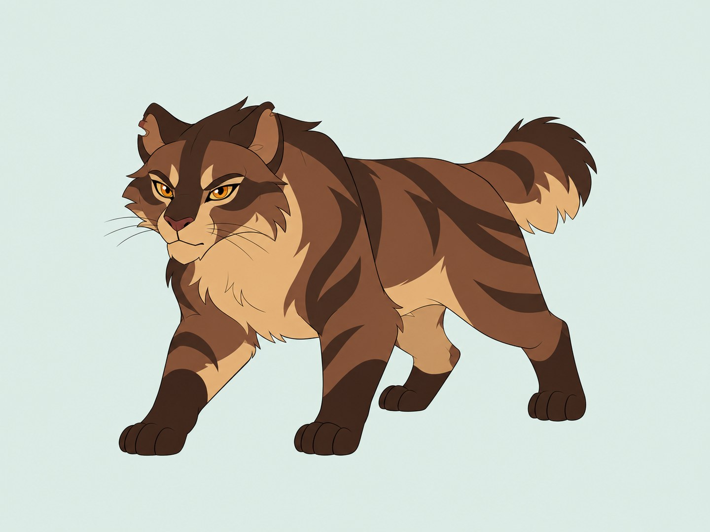 A brown tabby Warrior Cats OC with amber eyes in a stalking pose on a pale mint background